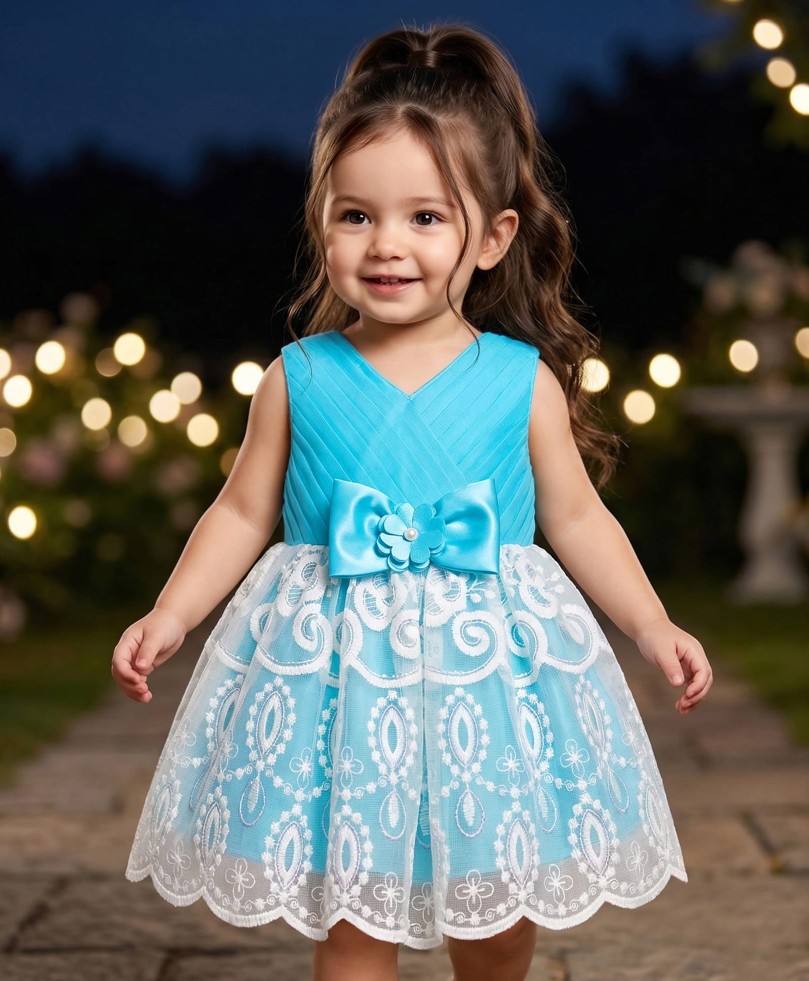 Babyhug Mesh Woven Sleeveless Party Dress With Floral Embroidery & Applique - Light Blue-image-34