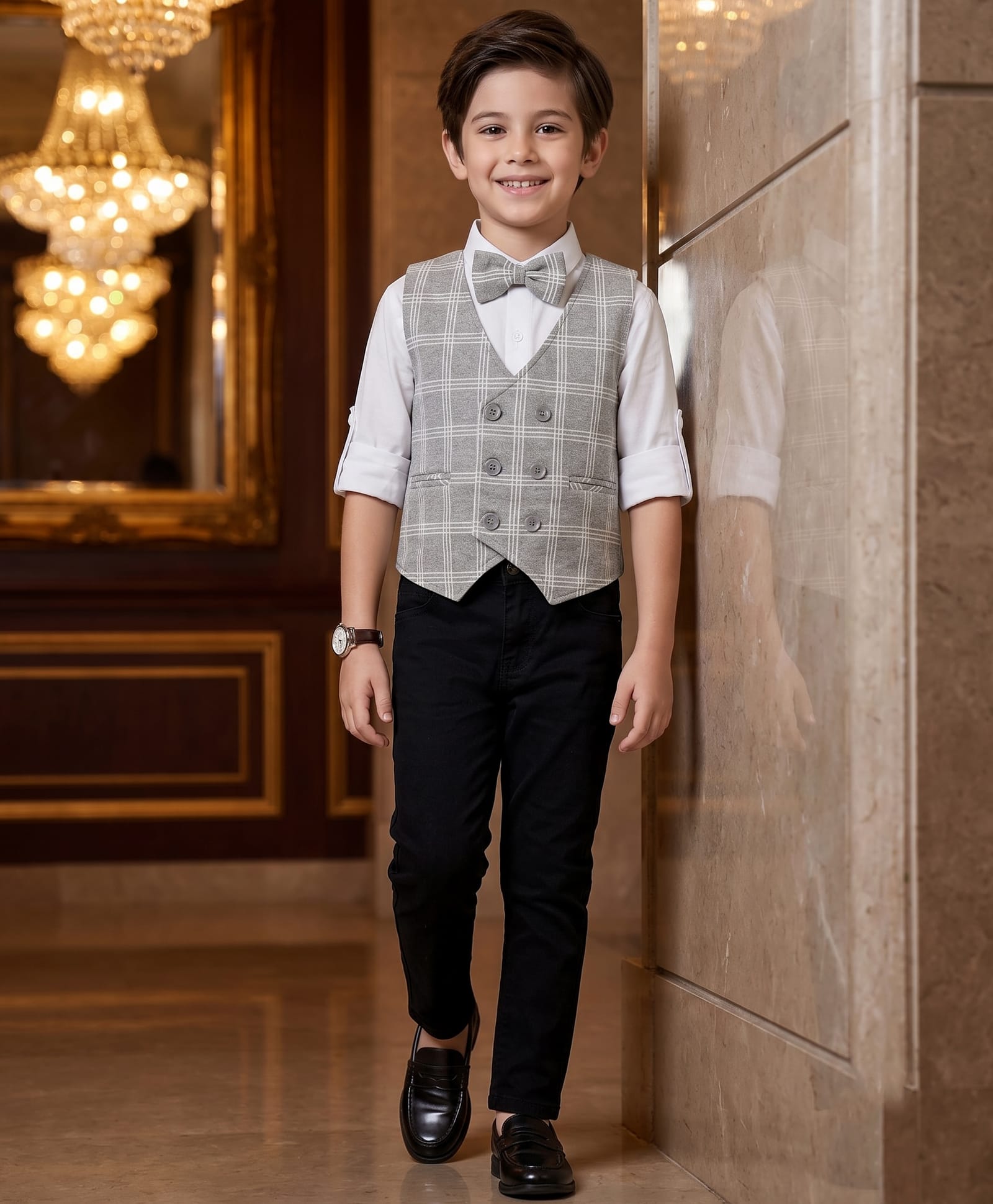 Robo Fry Cotton Woven Full Sleeves Checks 3 Piece Party Suit With Bow - Grey & Black-picture-25