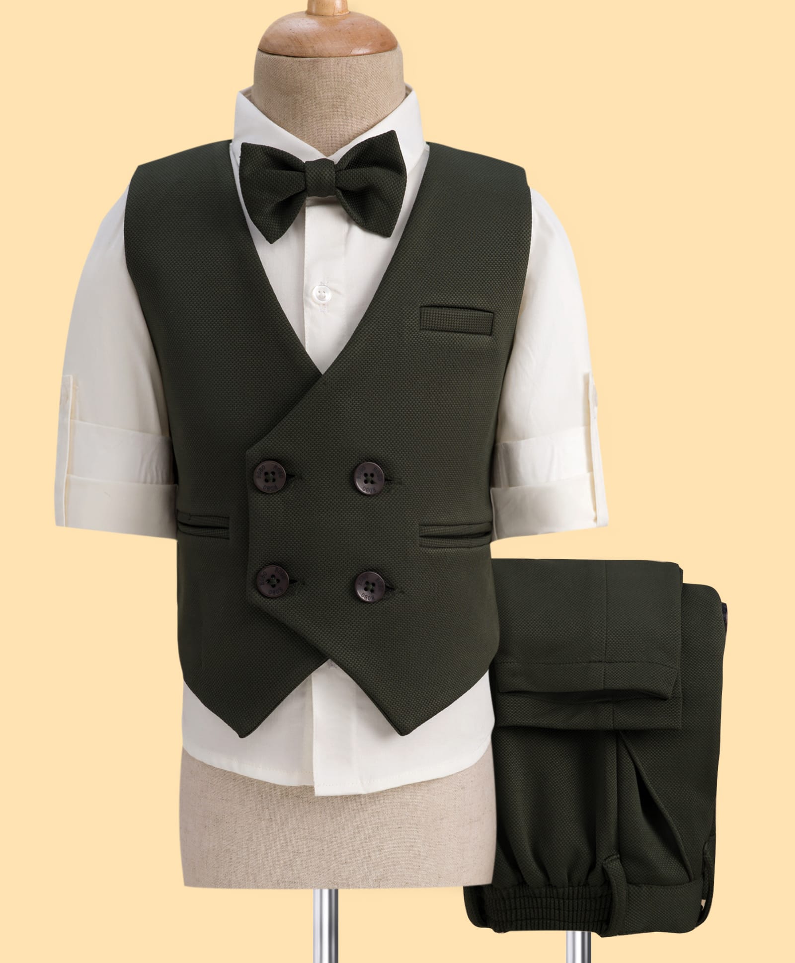 Robo Fry Cotton Woven Full Sleeves Solid 3 Piece Party Suit With Bow - Dark Green & White-picture-27