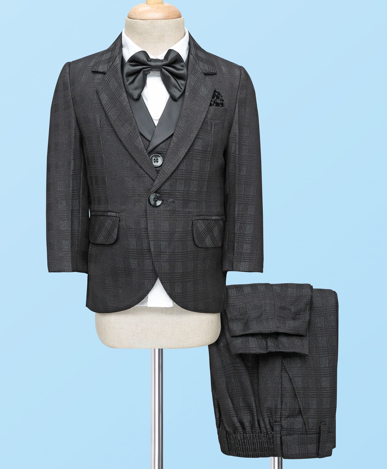 Robo Fry Cotton Woven Full Sleeves Checks 4 Piece Party Suit With Bow - Black-picture-24