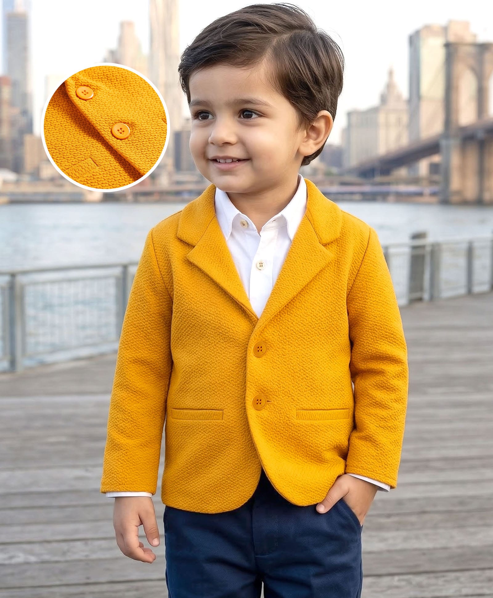 Babyhug Knit Full Sleeves Solid Colour Blazer - Mustard-picture-10