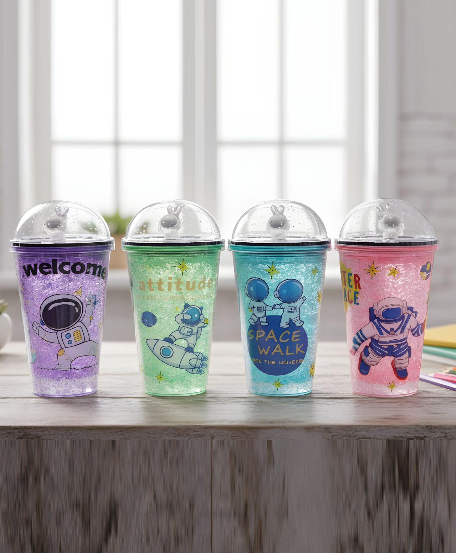 SCHOOLISH Water Cup Cartoon Astronaut Double Plastic Cup Student Summer High Value Gift 450 ml Straw Cup - PACK OF 1 - COLOR MAY VARY-image-13
