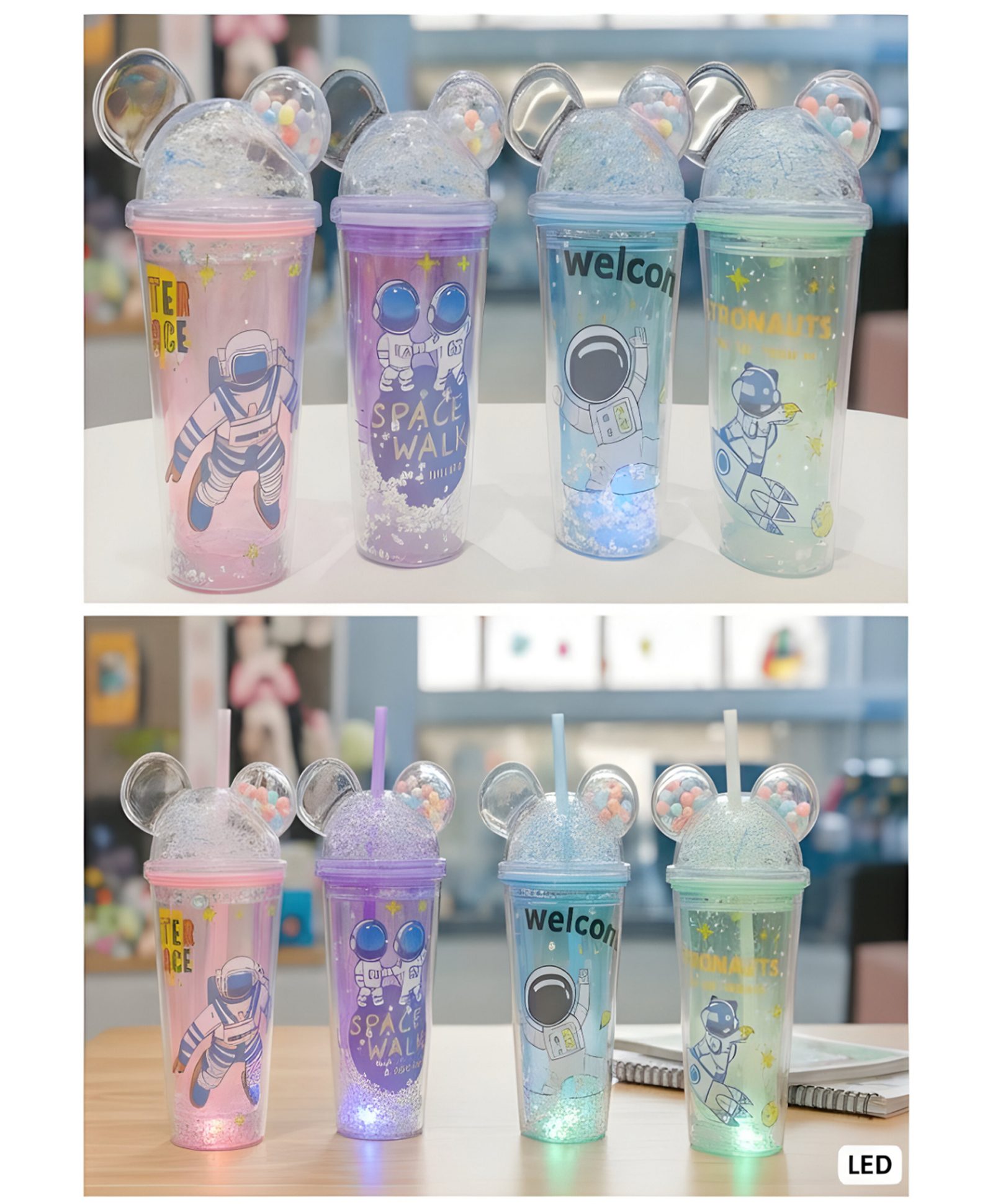 SCHOOLISH Astronaut-themed sipper 450 ml tumblers with straws, featuring double walls, glitter, and Mickey Mouse ear-shaped lids - PACK OF 1 - COLOR MAY VARY-image-22