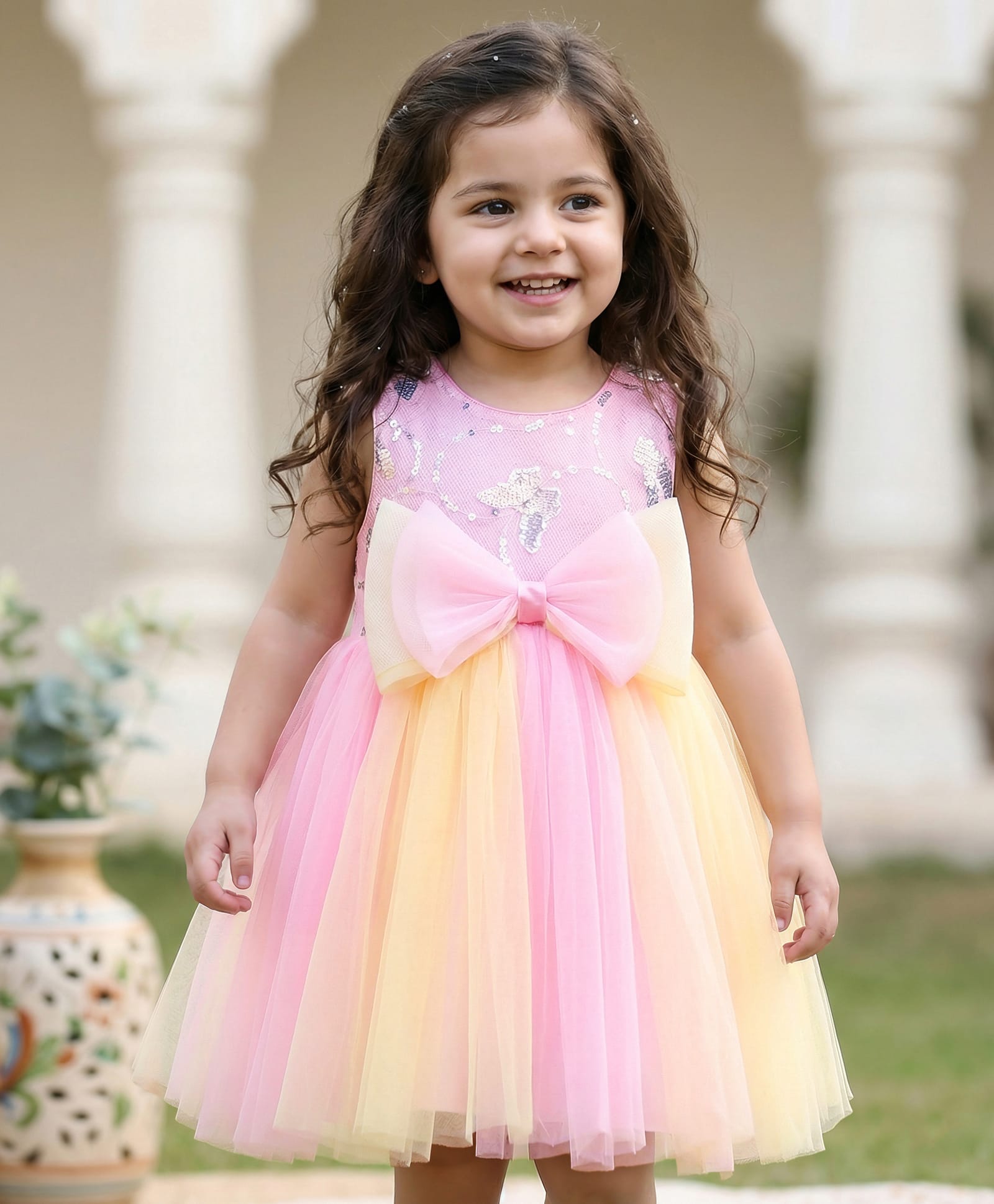 Babyhug Woven Sleeveless Party Dress with Bow Applique & Sequin Detailing - Multicolor-image-48
