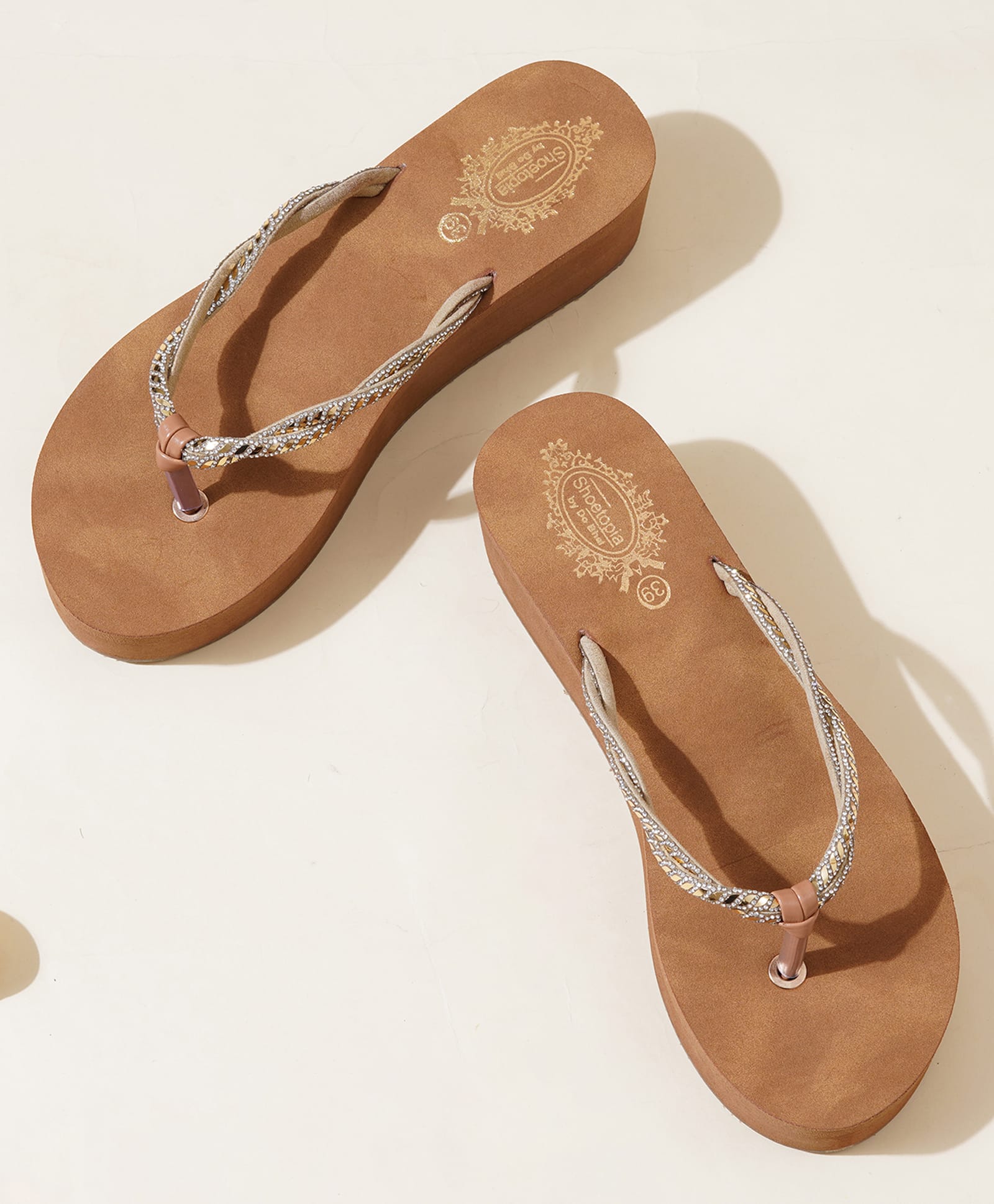 Shoetopia Stone Embellished Braid Detailed Wedge Thong Sandals - Brown-image-4