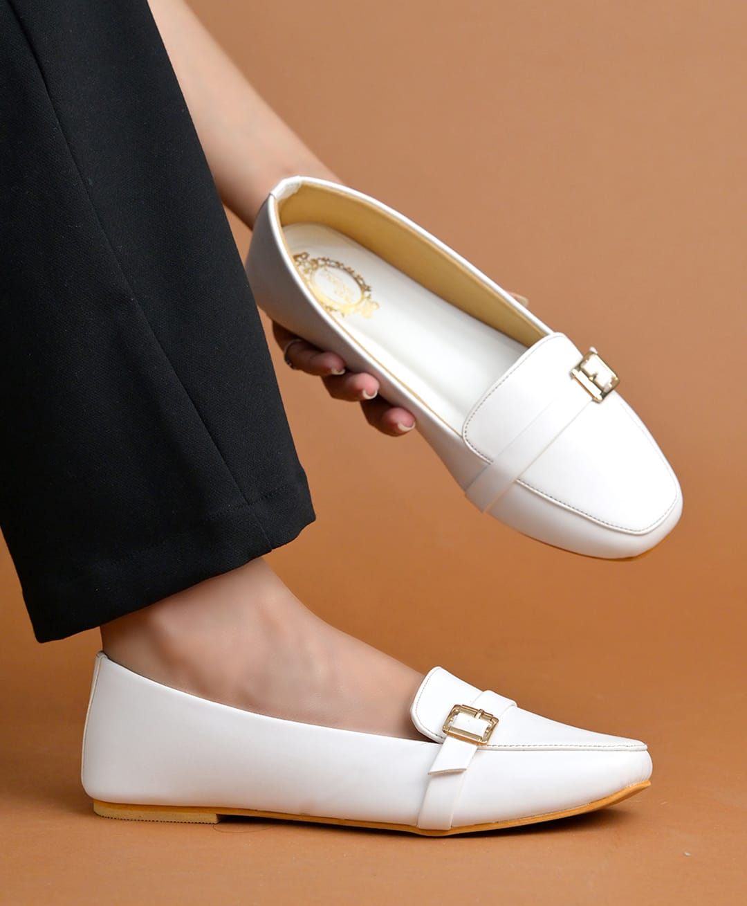 Shoetopia Buckle Detailed Ballerinas - White-image-48