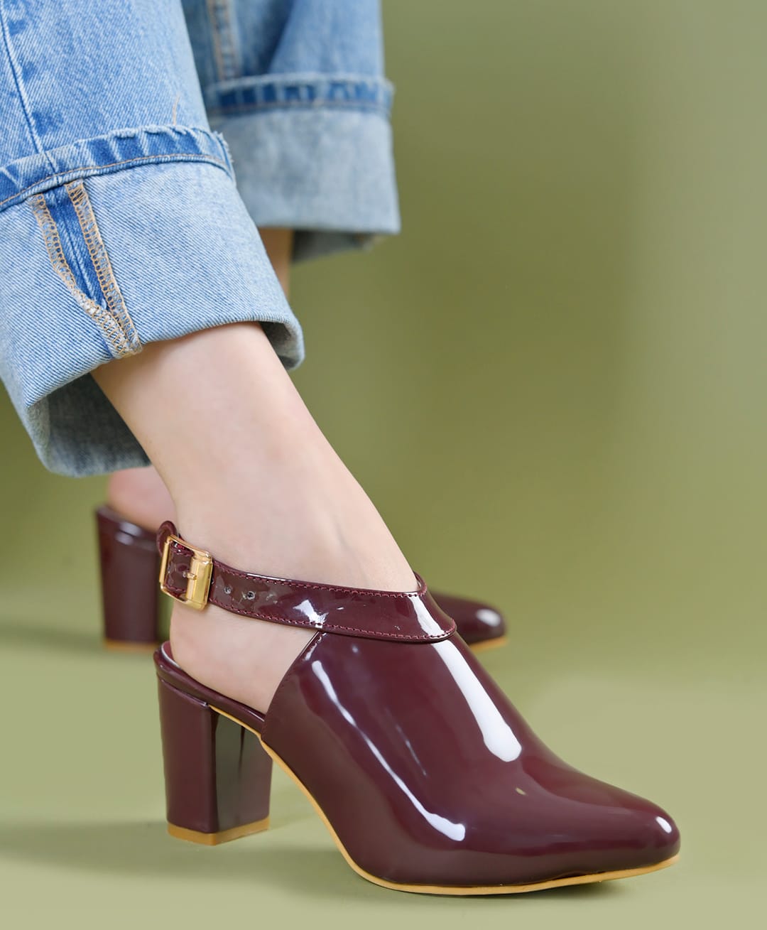 Shoetopia Glossy Finished Buckle Closure Blocked Heeled Mules - Red-image-49