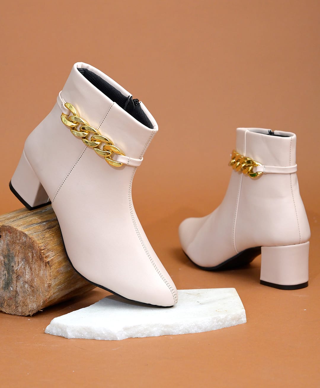 Shoetopia Chain Detailed Zip Closure Ankle Boots - Cream-picture-20