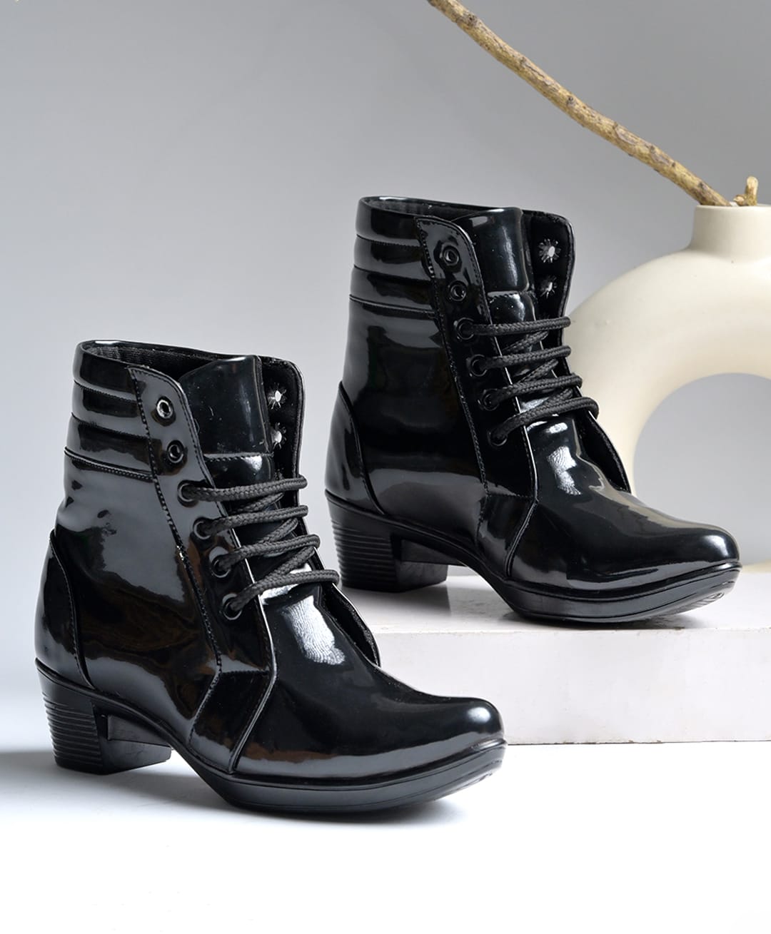 Shoetopia Glossy Finished Lace Up Ankle Boots - Black-picture-14