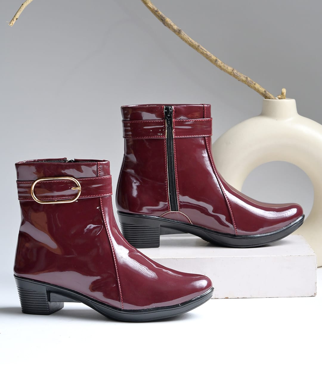 Shoetopia Buckle Detailed Zip Closure Ankle Boots - Red-image-32