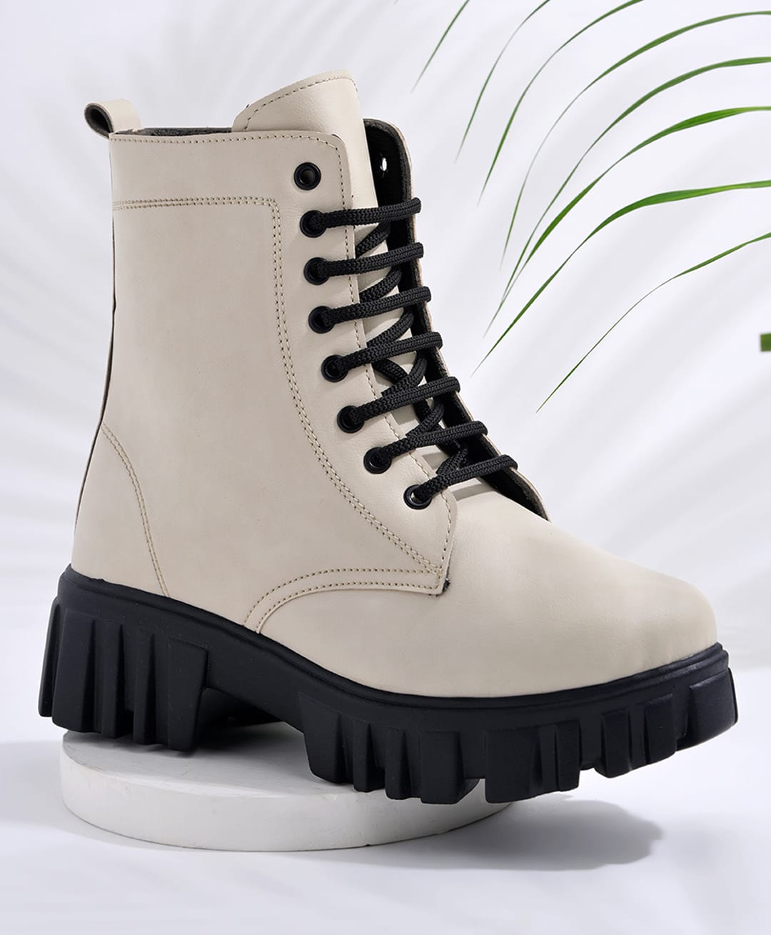 Shoetopia Solid Lace Up Boots - Cream-picture-37