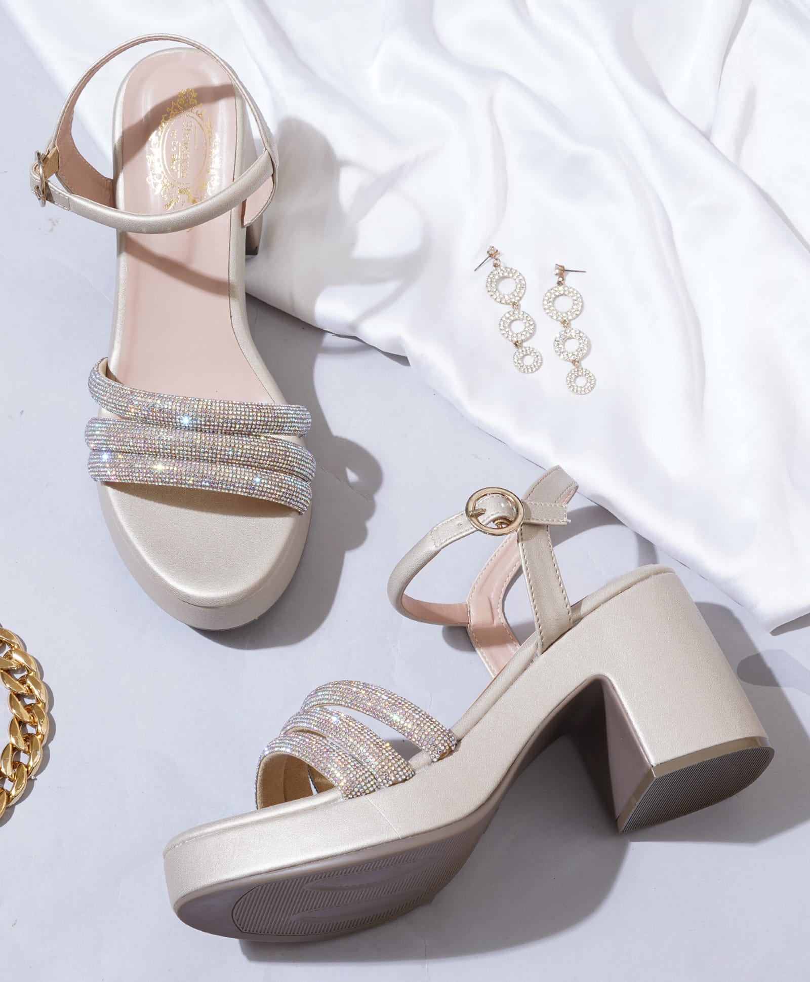 Shoetopia Stones Embellished Buckle Closure Heel Sandals - Golden-picture-26
