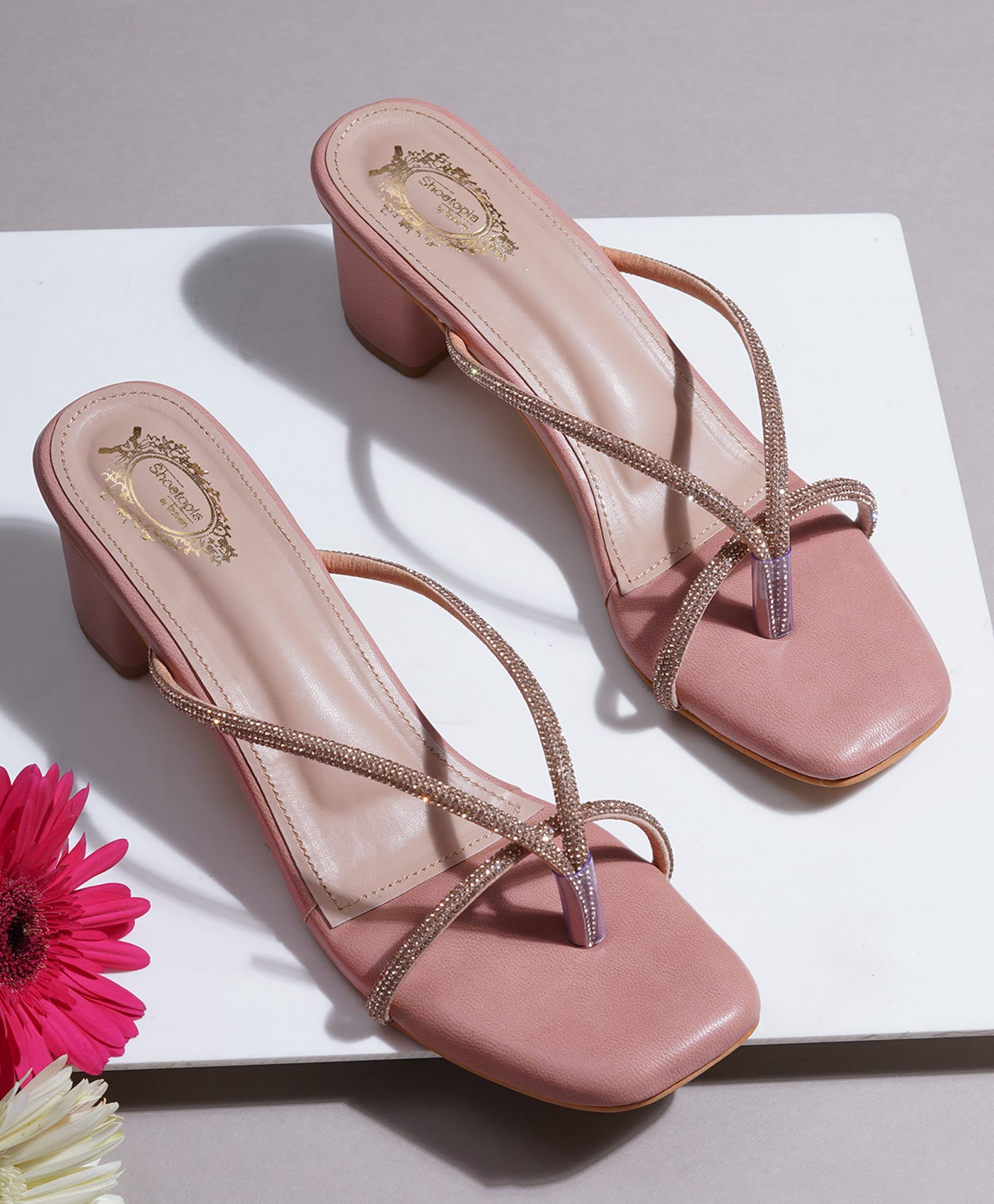 Shoetopia Stone Embellished Crisscross Strap Designed Block Heel - Peach-image-9