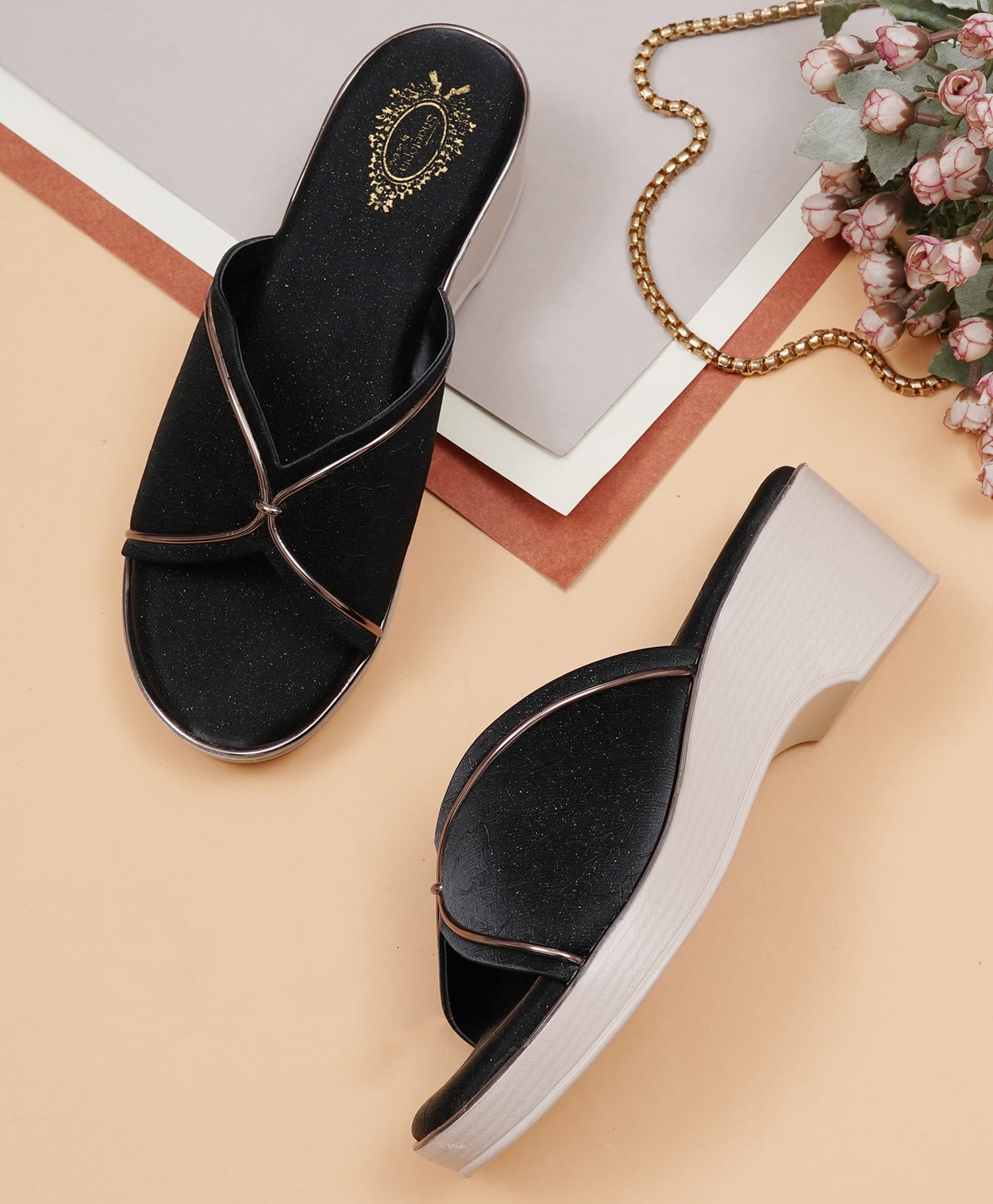 Shoetopia Metallic Trim Detailed Wedge Sandals - Black-picture-22