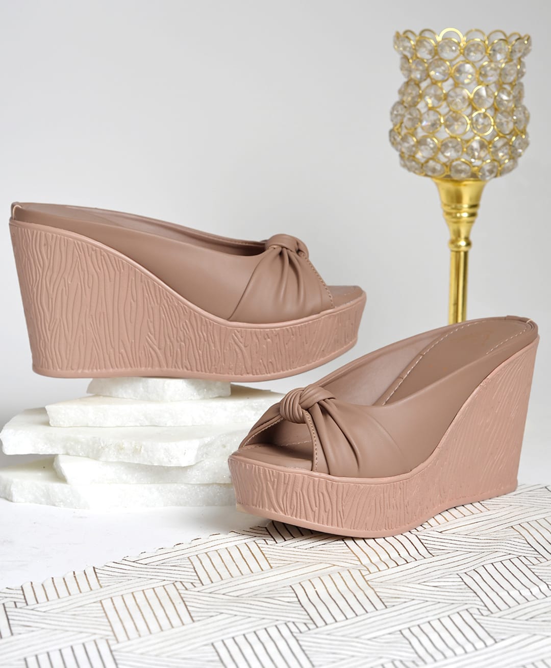 Shoetopia Knot Detailed Platform Wedge Sandals - Beige-picture-18