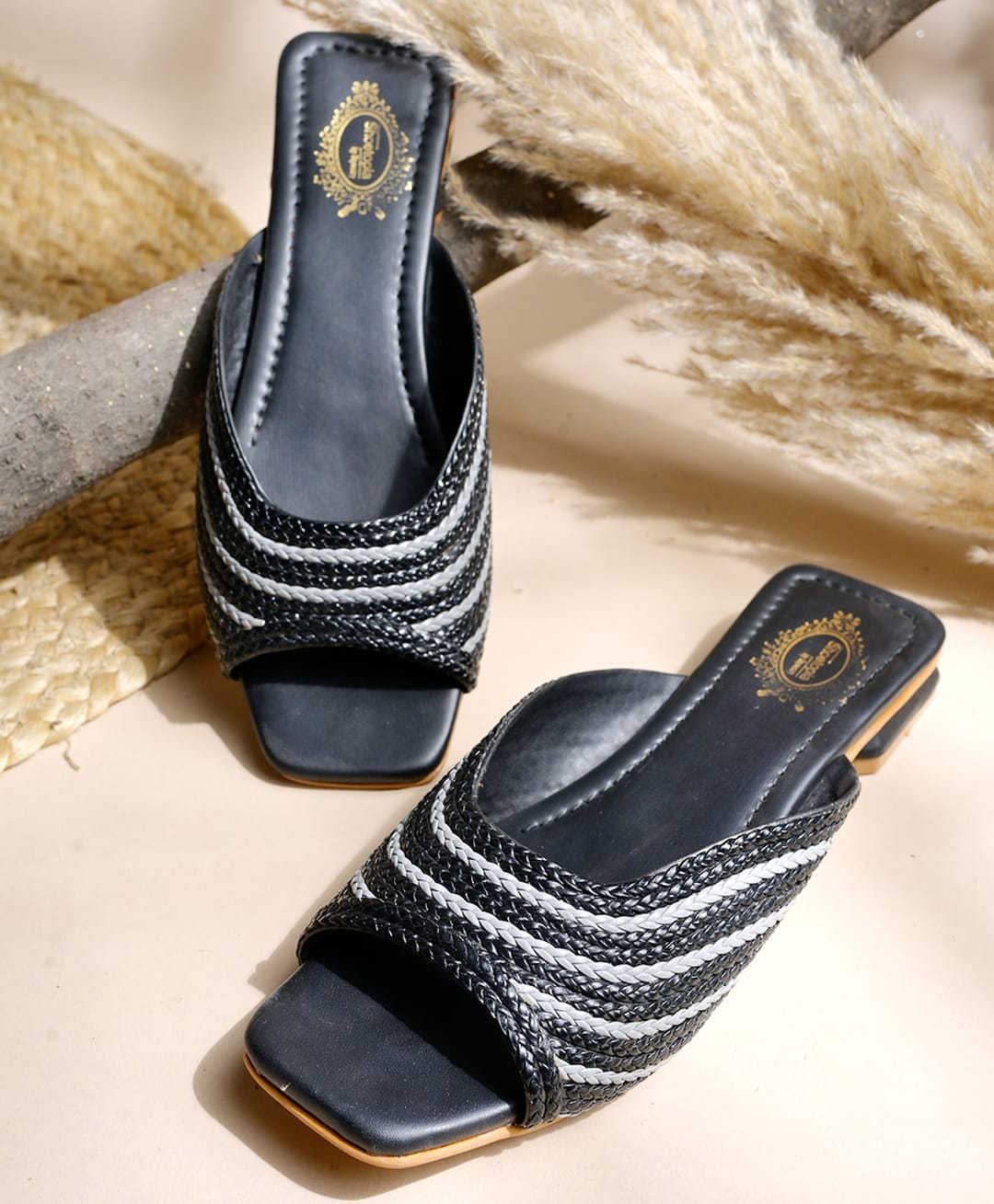 Shoetopia Colour Blocked Braided Designed Slip On Sandals - Black-picture-14