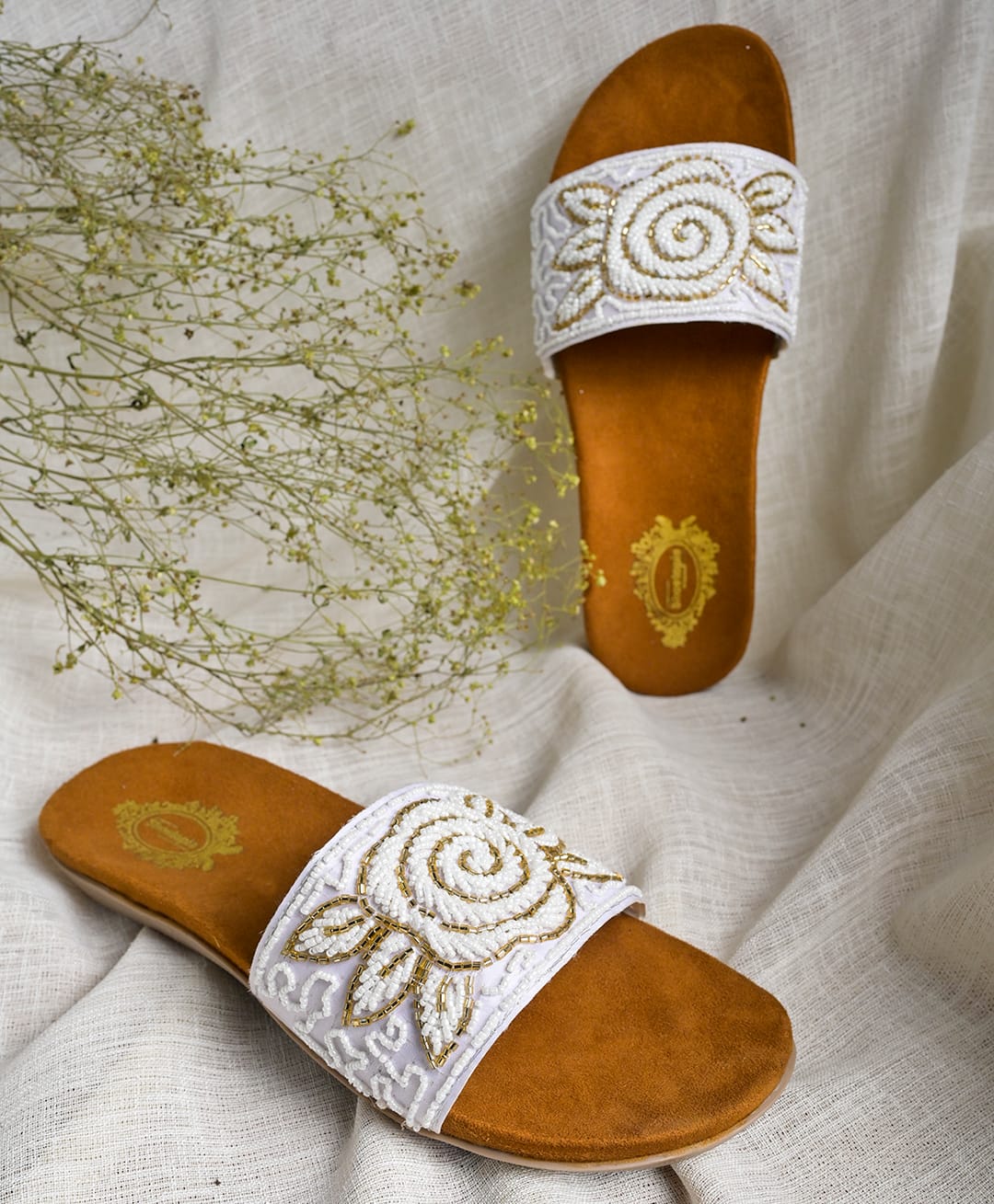 Shoetopia Floral Designed Beads Embellished Slip On Sandals - White-picture-12