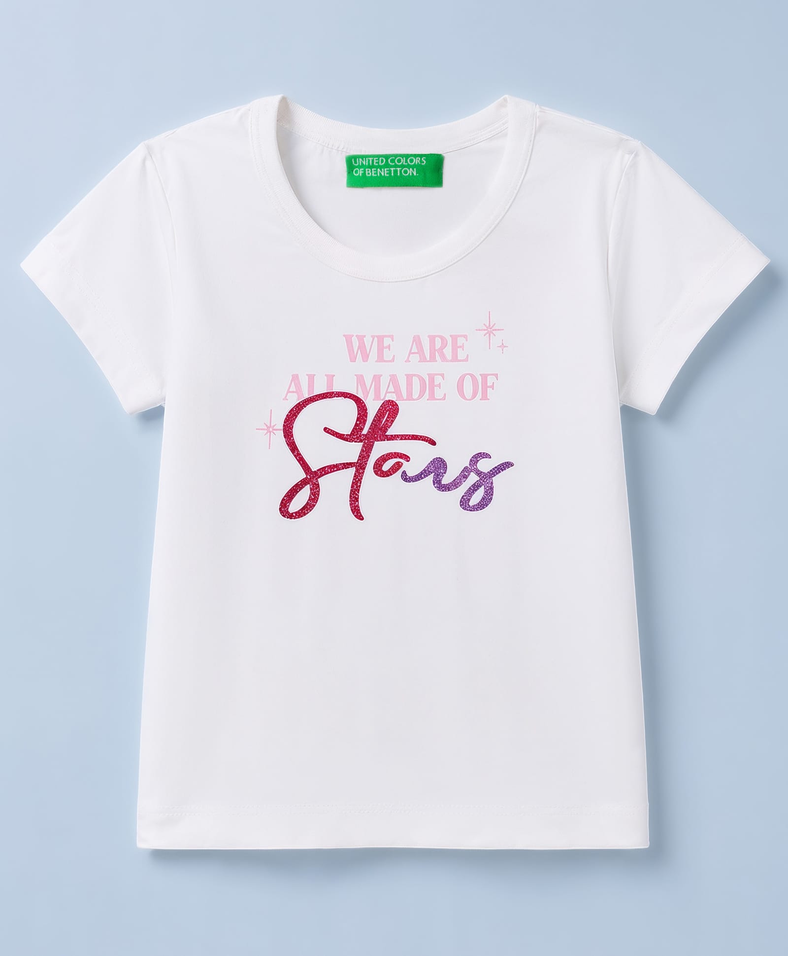 UCB 100% Cotton Knit T-Shirts with Half Sleeves & We Are All Made Of Stars Glitter Print - White-picture-30
