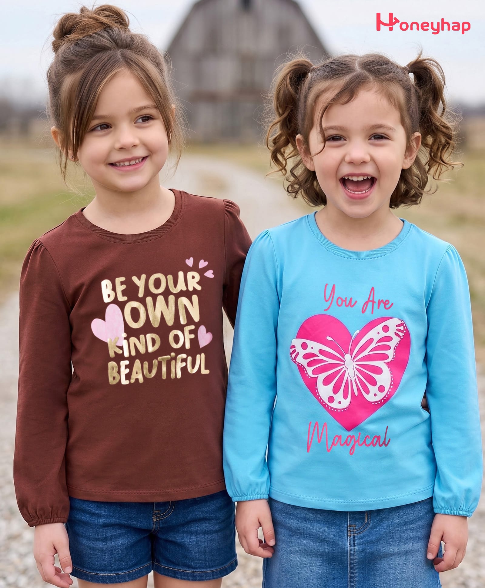 Honeyhap Premium 100% Cotton Knit Full Sleeves Text Foil & Butterfly Hearts Printed T-Shirts With Bio Wash Pack of 2 - Splish Splash & Cinnamon-image-35