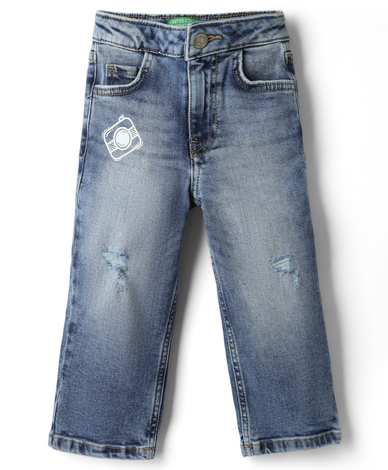 UCB Cotton Lycra Woven Full Length Washed Distressed Printed Washed Jeans - Blue-image-27