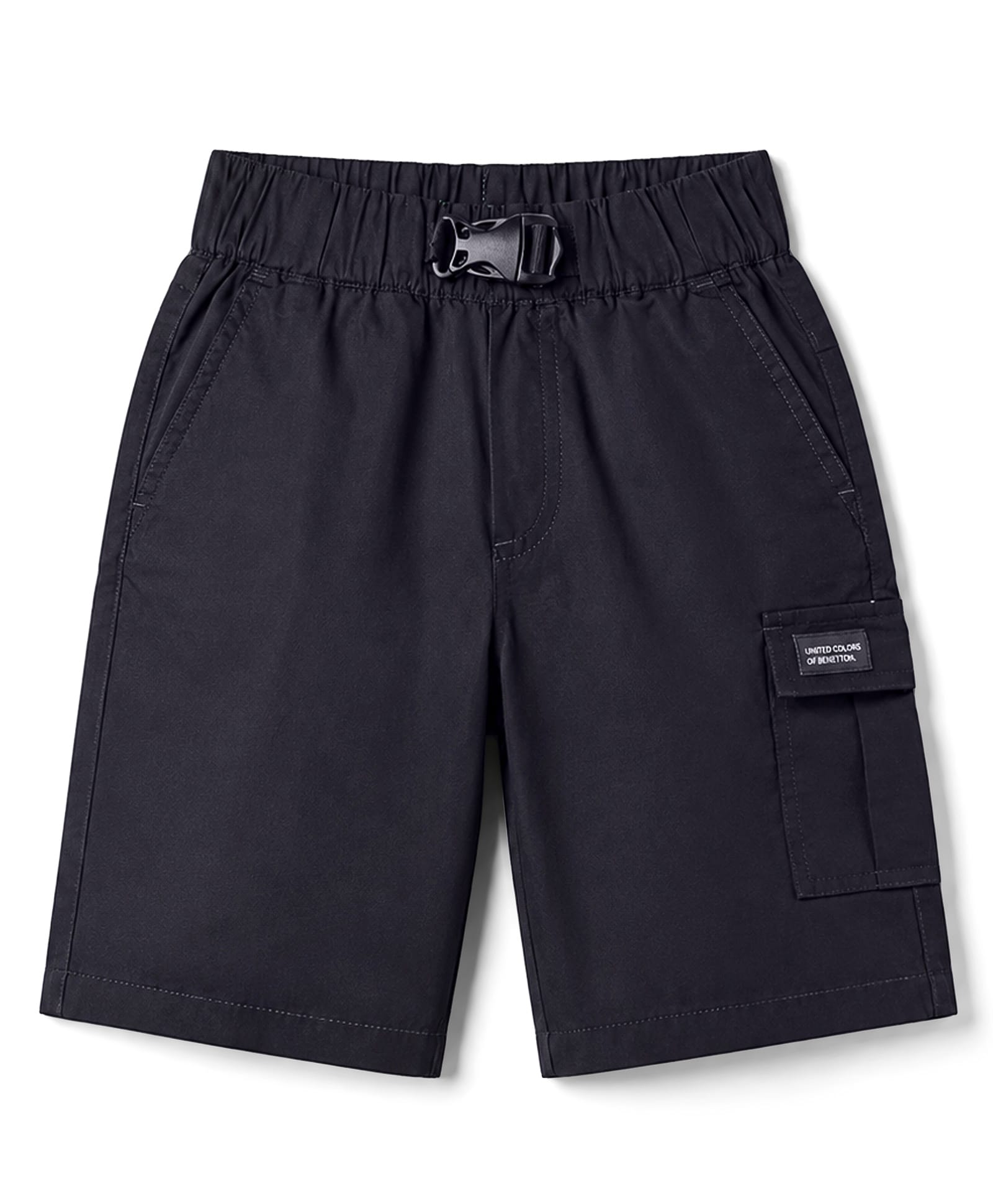 UCB 100% Cotton Woven Knee Length Solid Shorts With Buckle & Patch - Black-picture-33