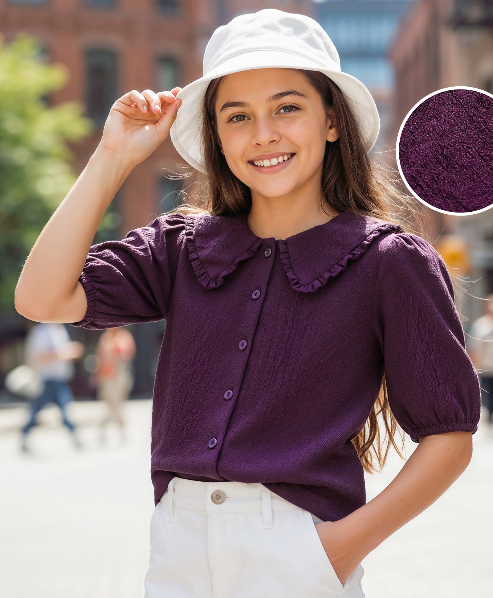 Pine Kids Woven Half Puffed Sleeves Top With Textured Design - Purple-image-49