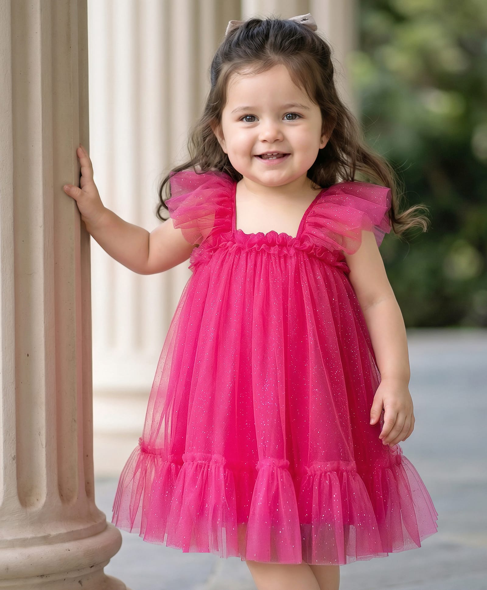 Babyhug Mesh Woven Frill Sleeves Party Dress With Glitter Print - Red-image-45