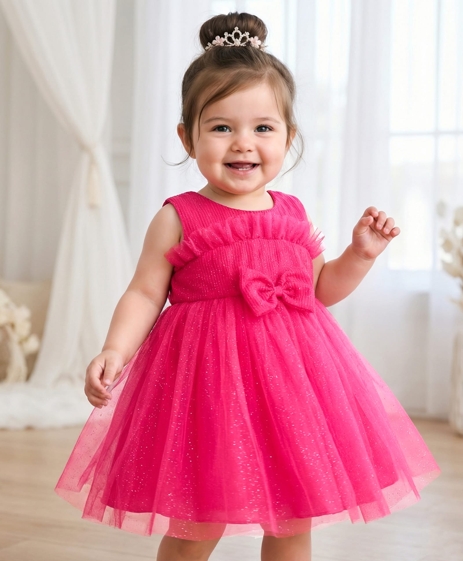 Babyhug Mesh Woven Sleeveless Party Dress With Glitter Print & Bow Applique - Red