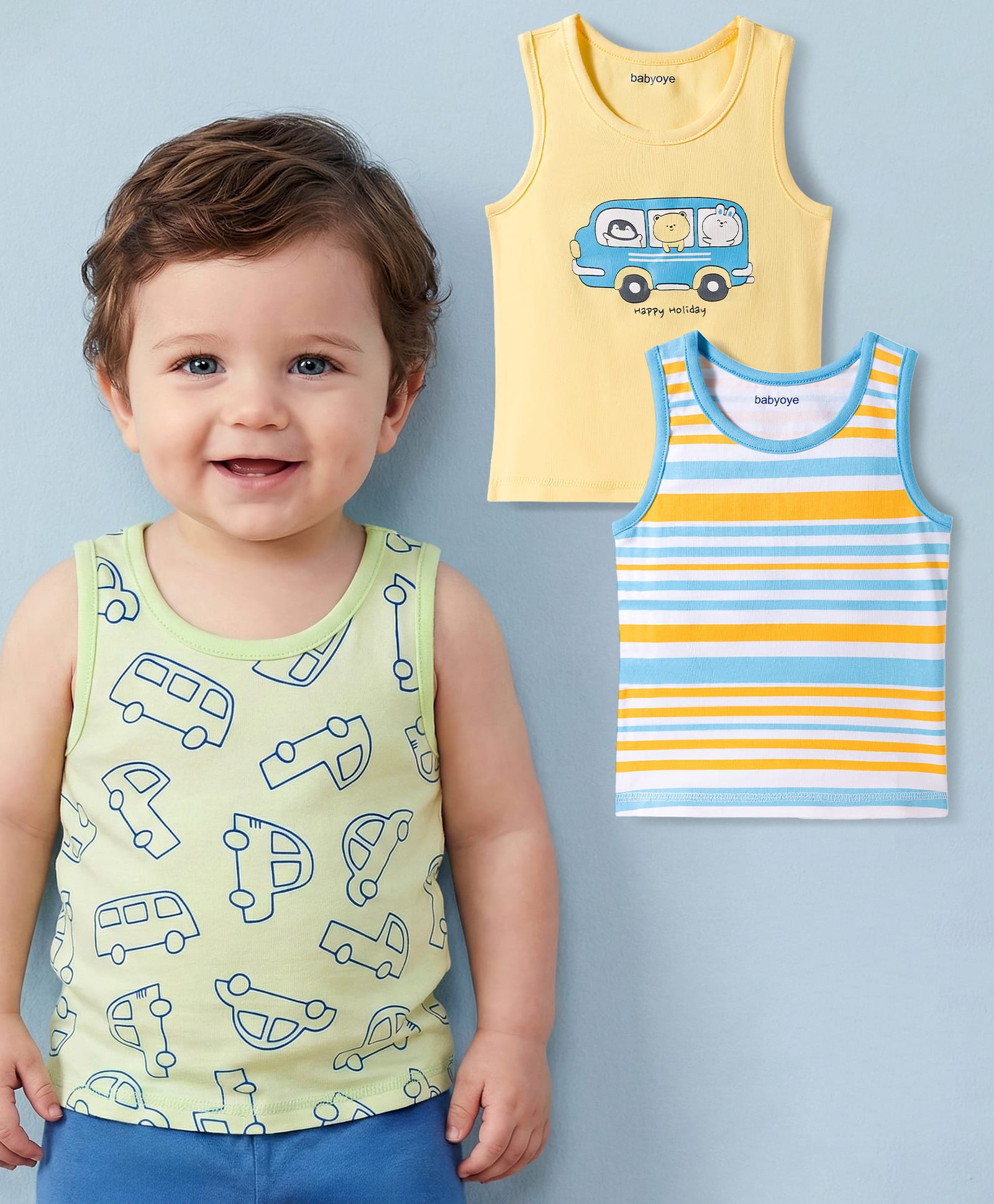 Babyoye Cotton Lycra Knit Sleeveless Vests with Vehicle Print & Stripes Pack of 3 - Multicolor-image-39