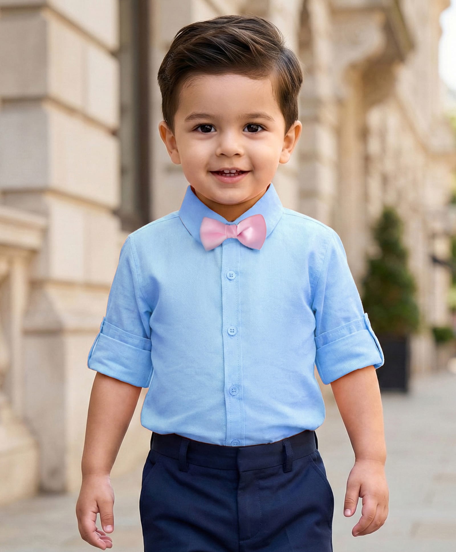 Babyhug Cotton Woven Full Sleeves Solid Color Party Shirt With Bow - Blue-picture-17