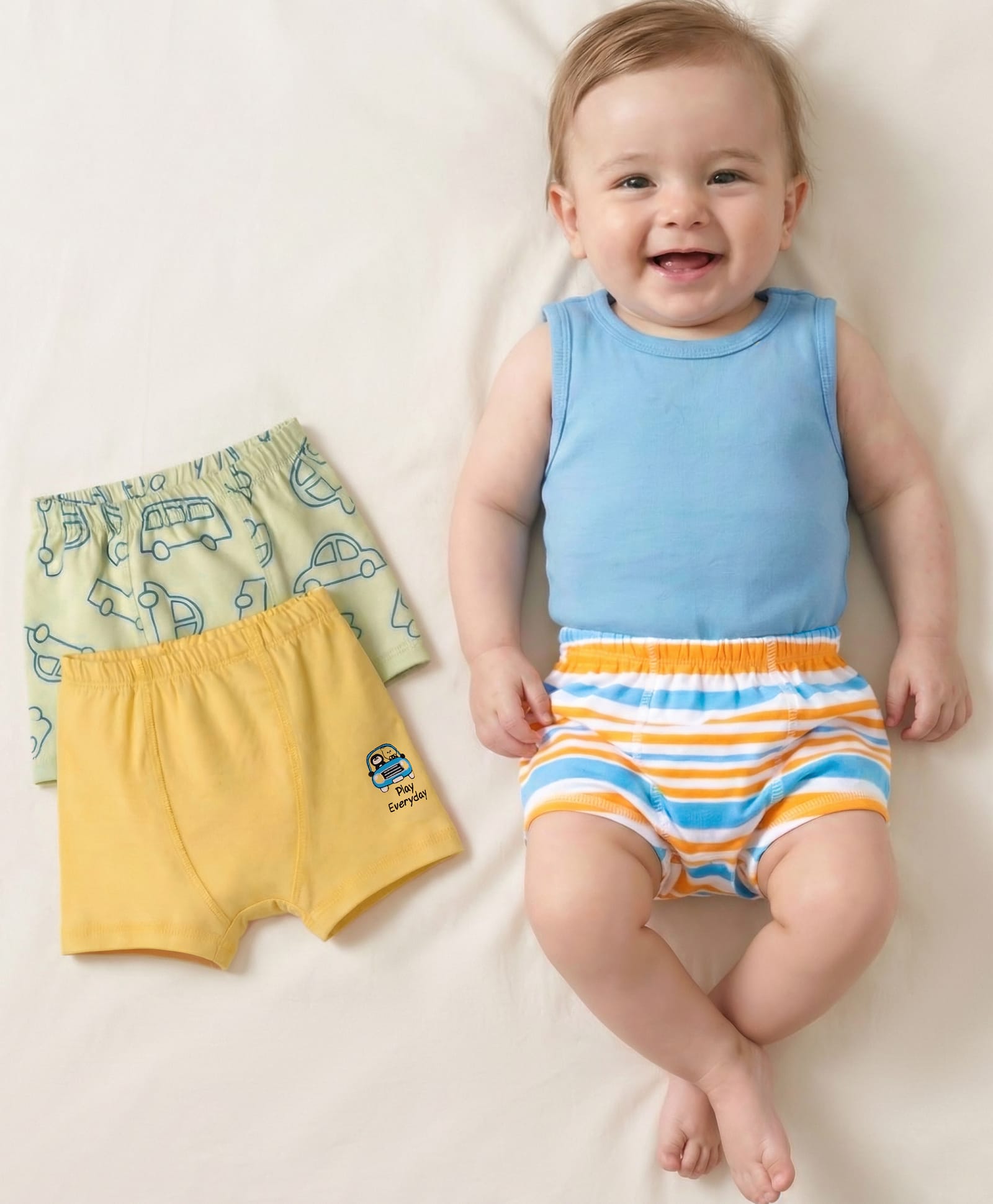 Babyoye Cotton Lycra Knit Striped & Vehicles Printed Trunks Pack of 3 - Multicolour-image-23