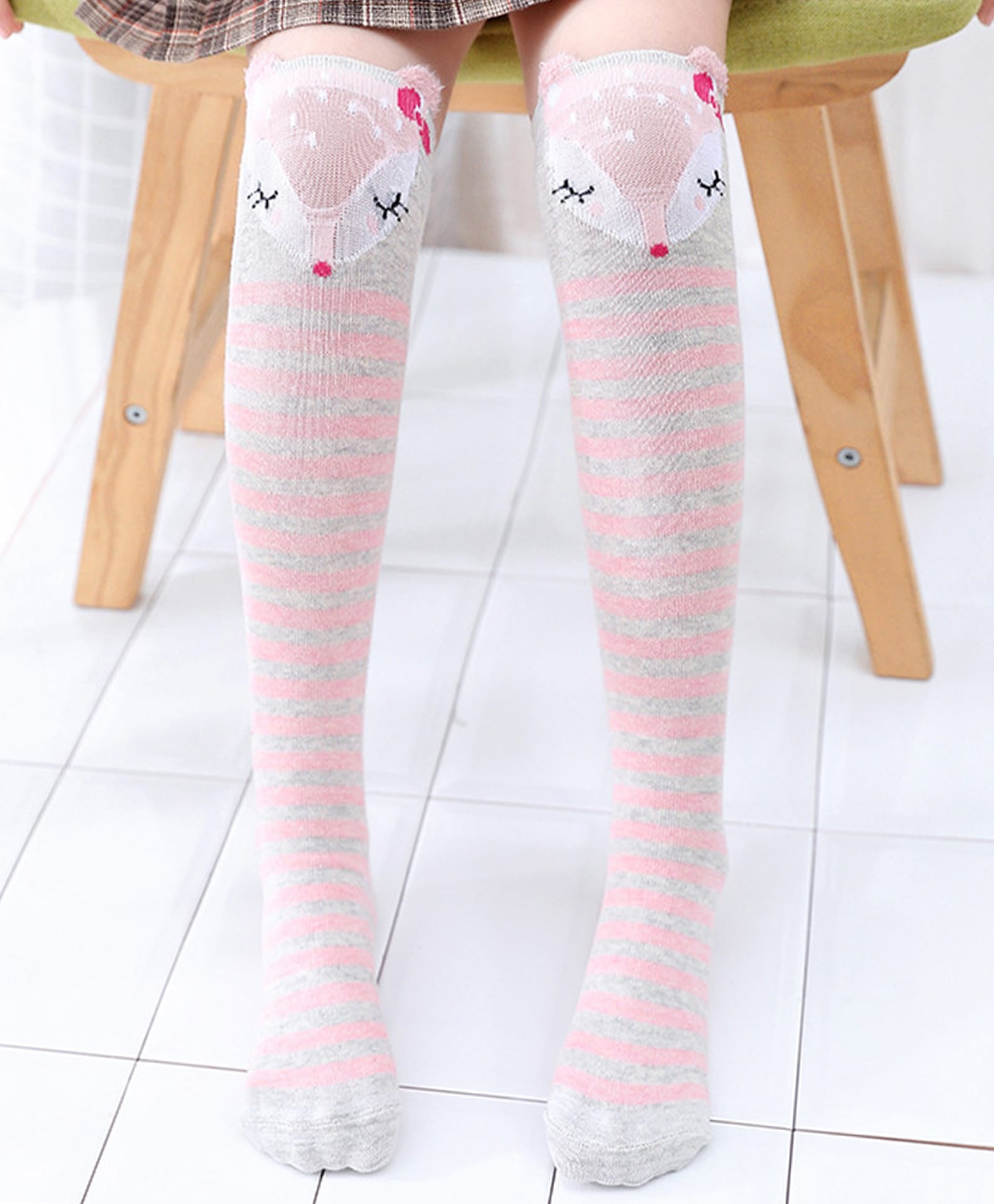 Neska Moda Cotton Elastane Knit Animal & Striped Socks - Grey & Peach-picture-37