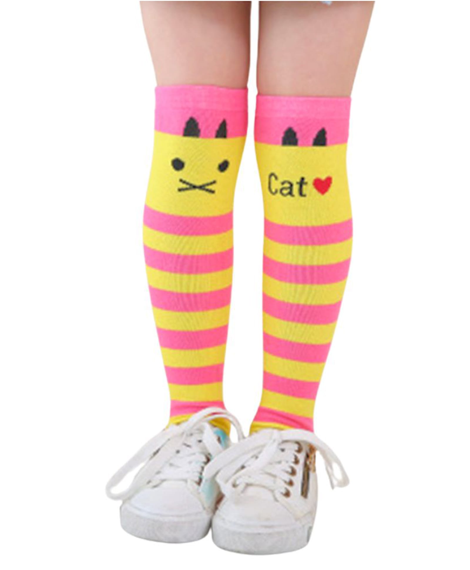 Neska Moda Cotton Elastane Knit Cats & Striped Socks - Yellow & Rani Pink-image-19