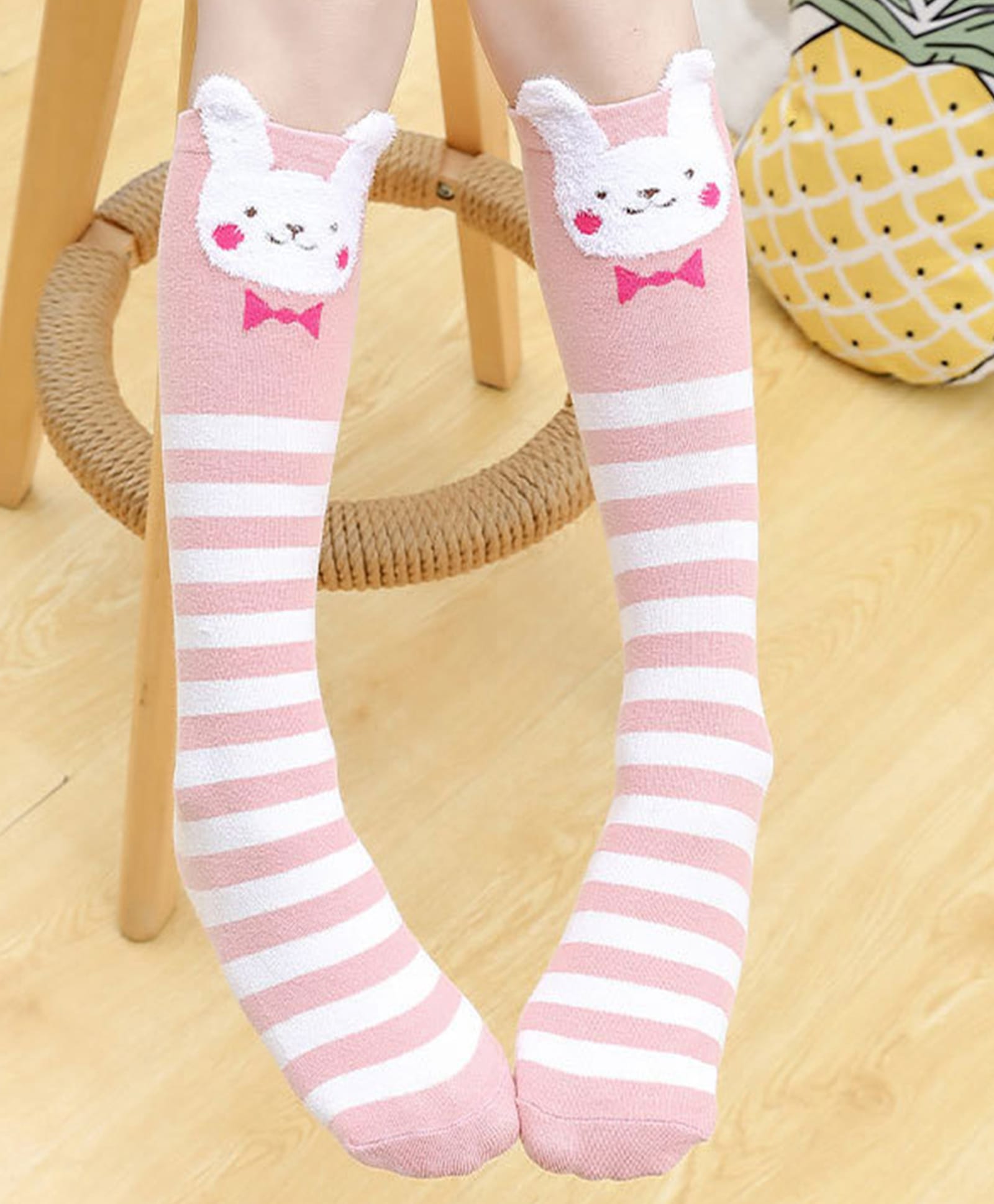 Neska Moda Cotton Elastane Knit Animal & Striped Socks - White & Peach-picture-26