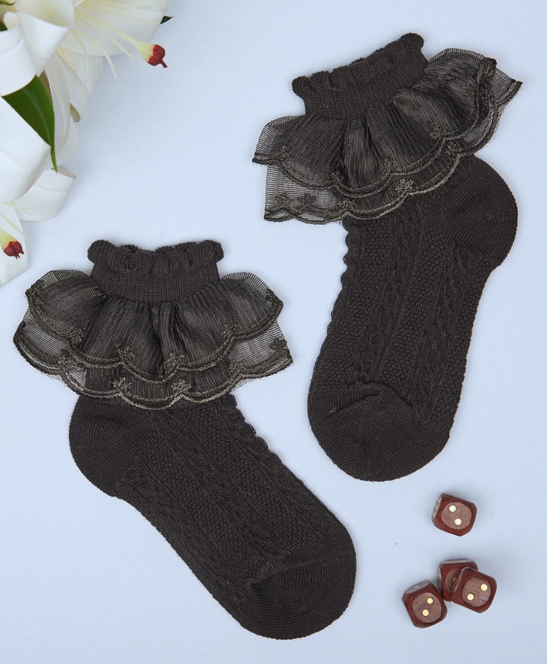 Neska Moda Embroidered Lace Frill Detailed Socks - Black-picture-47