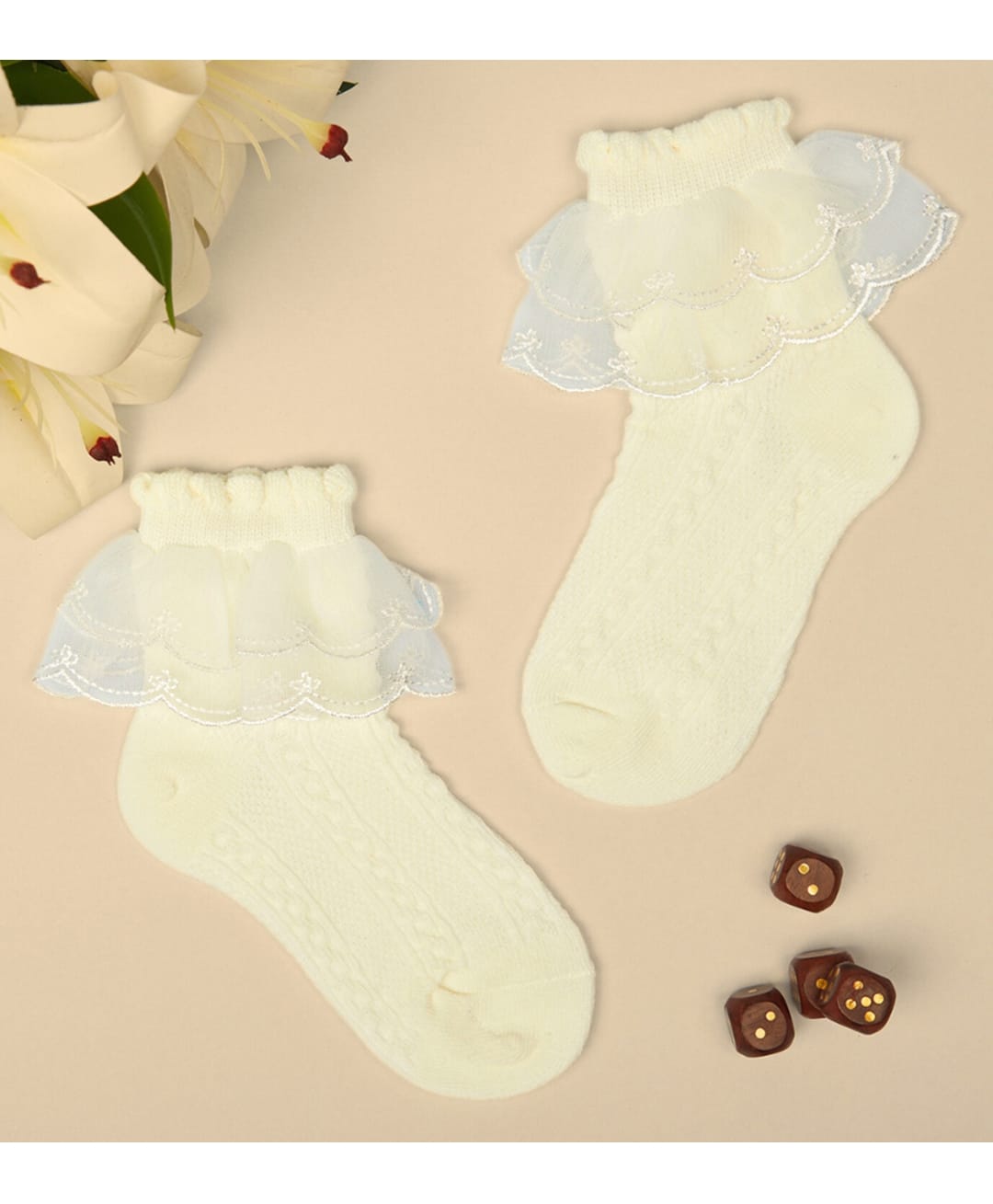 Neska Moda Embroidered Lace Embellished Socks - Off White-image-39
