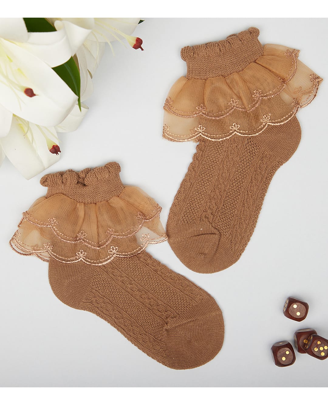 Neska Moda Cotton Elastane Knit Frill Detailed Socks - Brown-picture-36