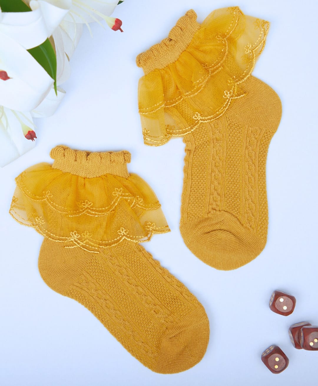 Neska Moda Cotton Elastane Knit Frill Detailed Socks - Yellow-image-18