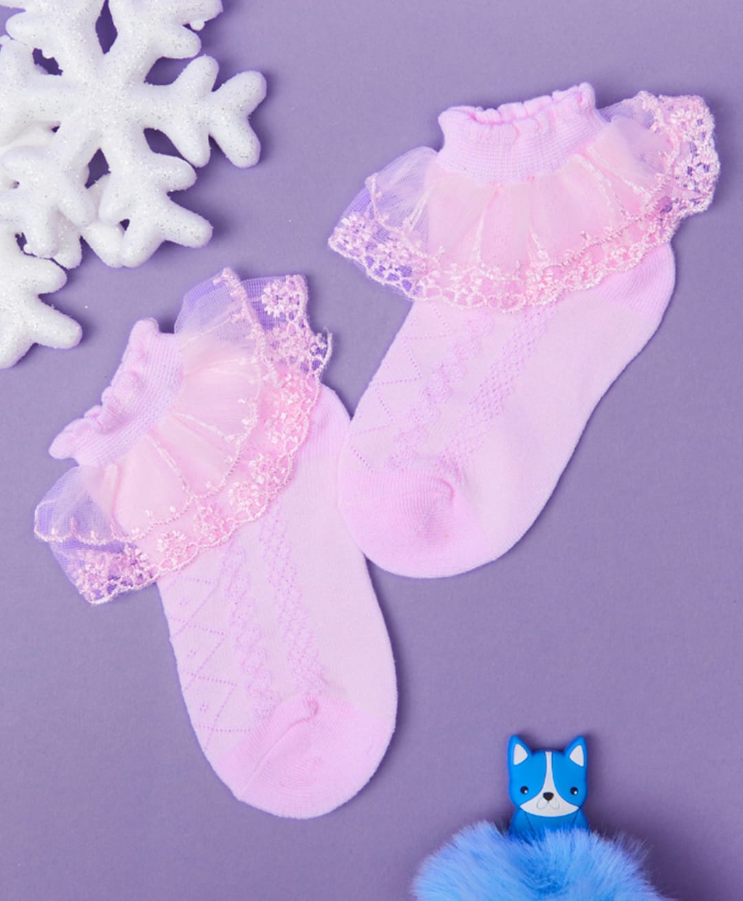 Neska Moda Cotton Elastane Knit Frill Detailed Socks - Pink-picture-40