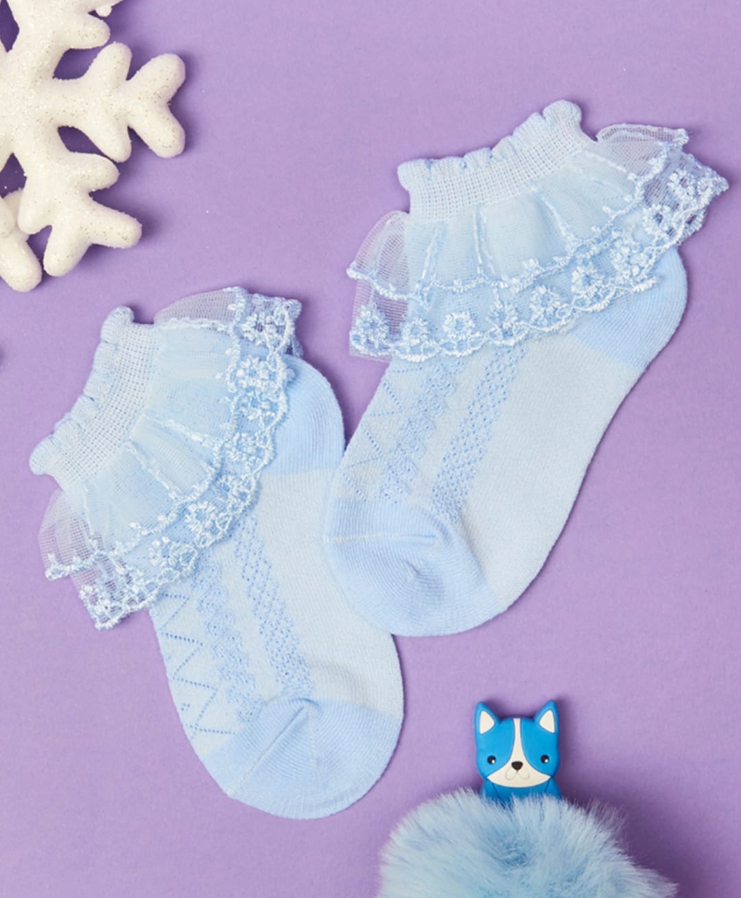 Neska Moda Embroidered Lace Embellished Socks - Blue-image-44