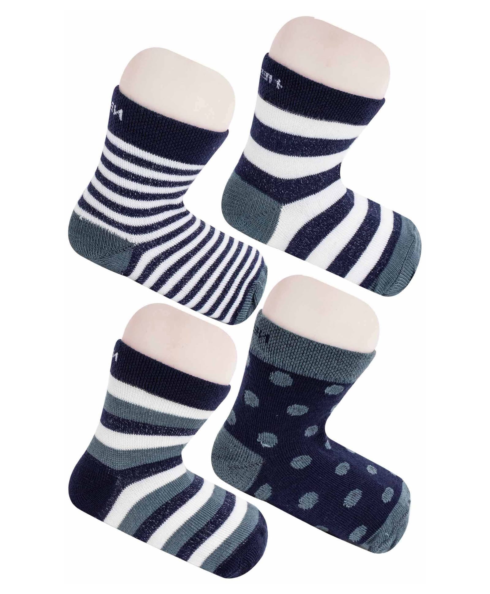 Neska Moda Pack Of 4 Striped & Polka Dots Printed Socks - Dark Blue & White-picture-33