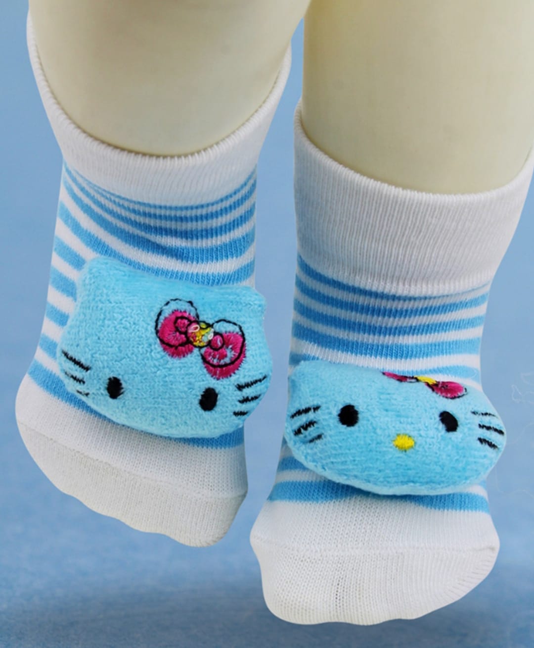 Neska Moda Striped & Cartoon Cat Applique Detailed Socks - Light Blue & White-image-45