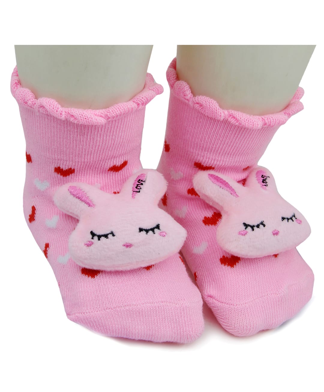 Neska Moda Cotton Elastane Knit Heart Printed Bunny Applique Detailed Socks - Pink-picture-19