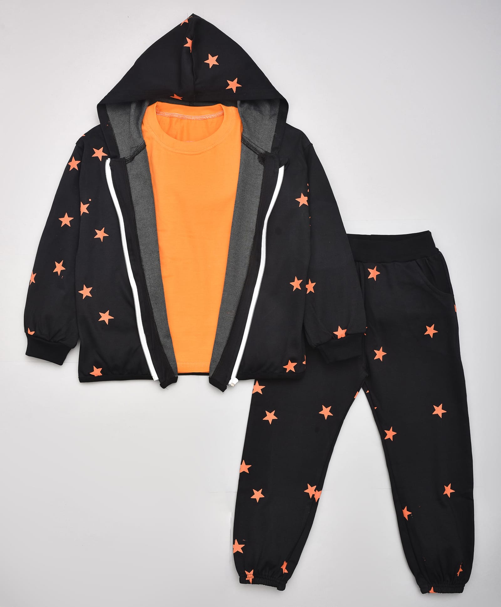 hrit Kiwi Cotton Knit Full Sleeves Stars Printed Coordinating Hooded Jacket & Joggers With Inner Tee Set - Black & Orange-picture-32