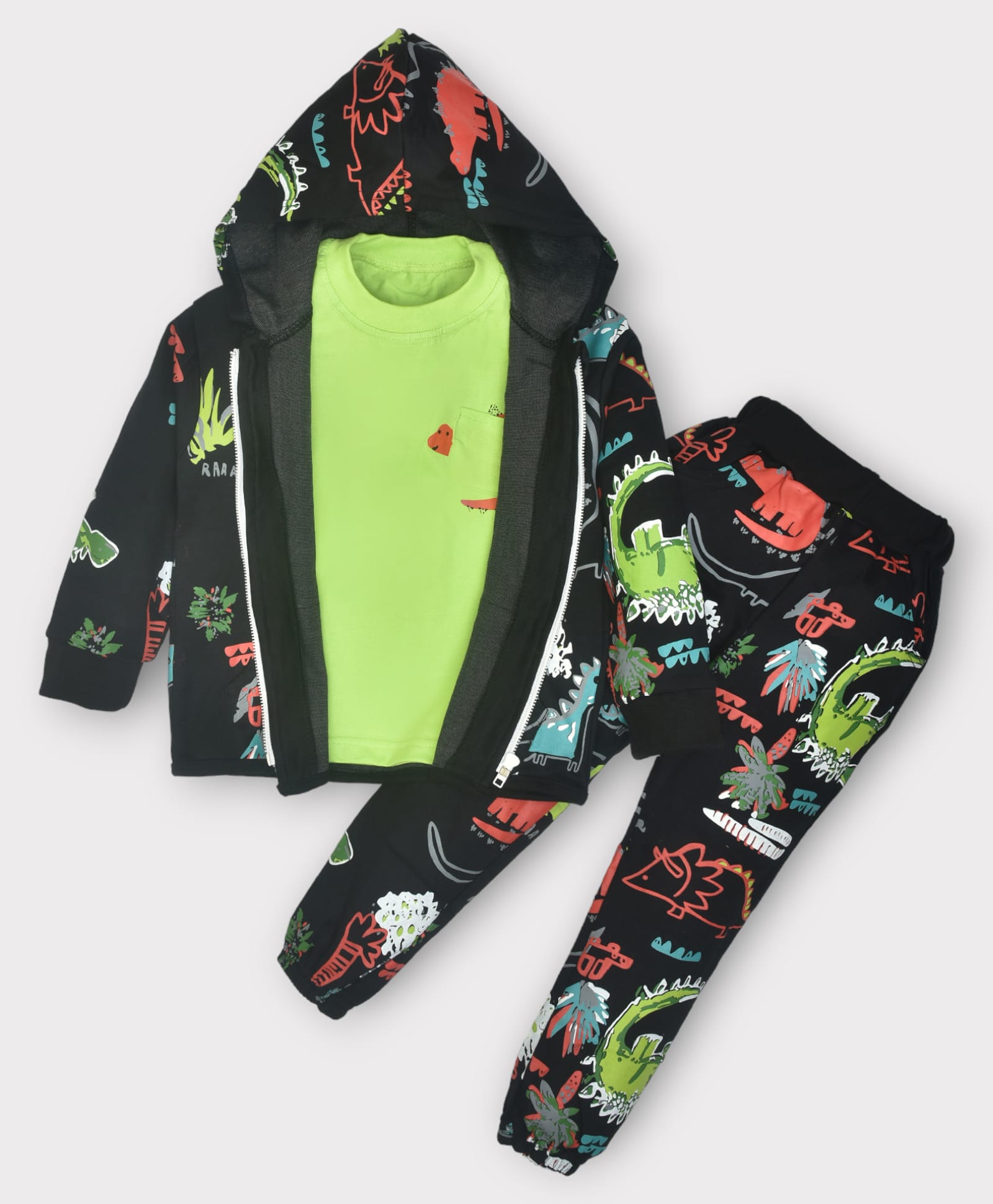 Kiwi Cotton Knit Full Sleeves Dinosaur Printed Coordinating Hooded Jacket & Joggers With Inner Tee Set - Black & Neon Green-image-2