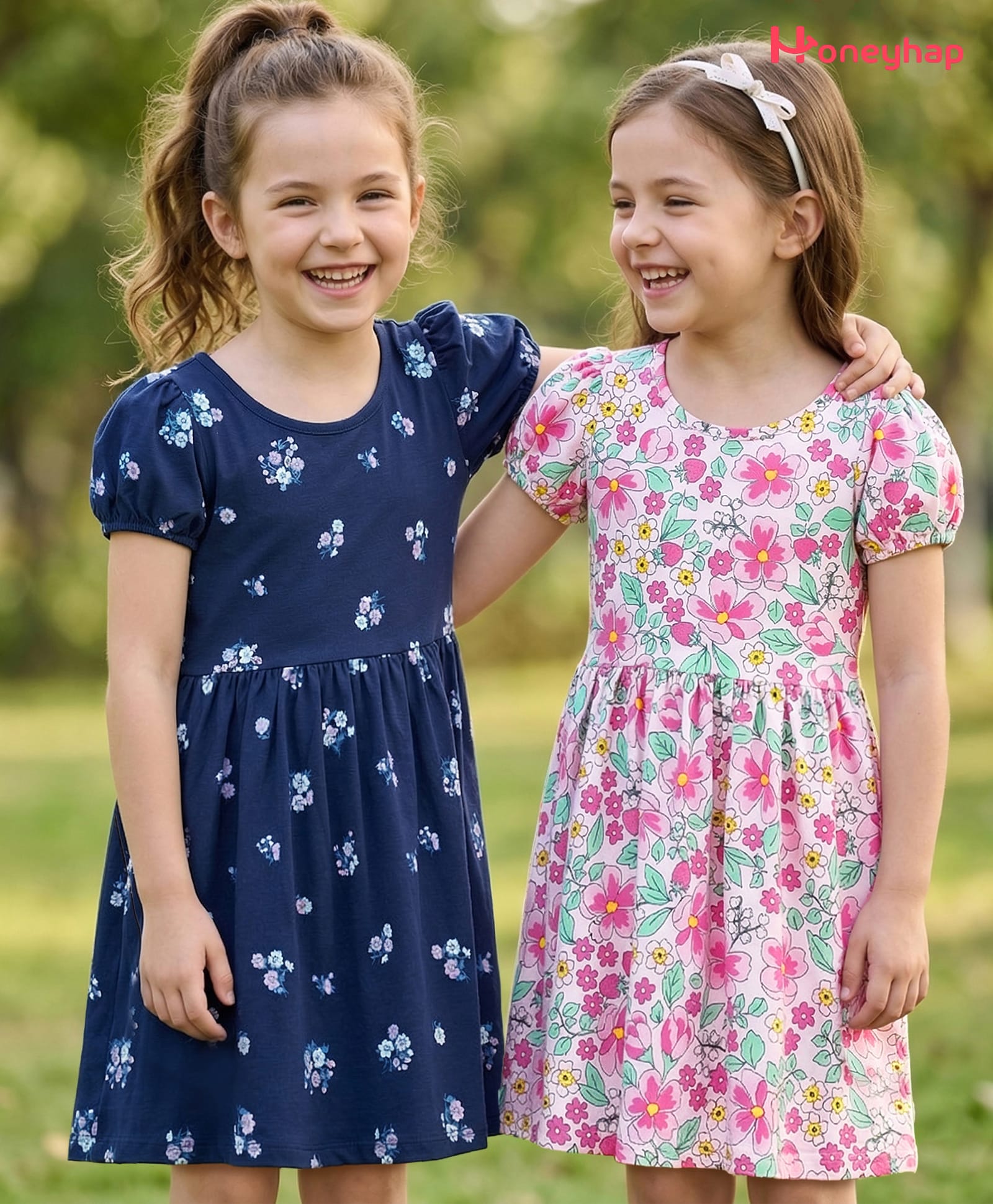 Honeyhap Premium 100% Cotton Knit with Bio Finish Half Sleeves Floral Printed Frocks Pack of 2 - Tender Touch & Navy Peony-picture-31
