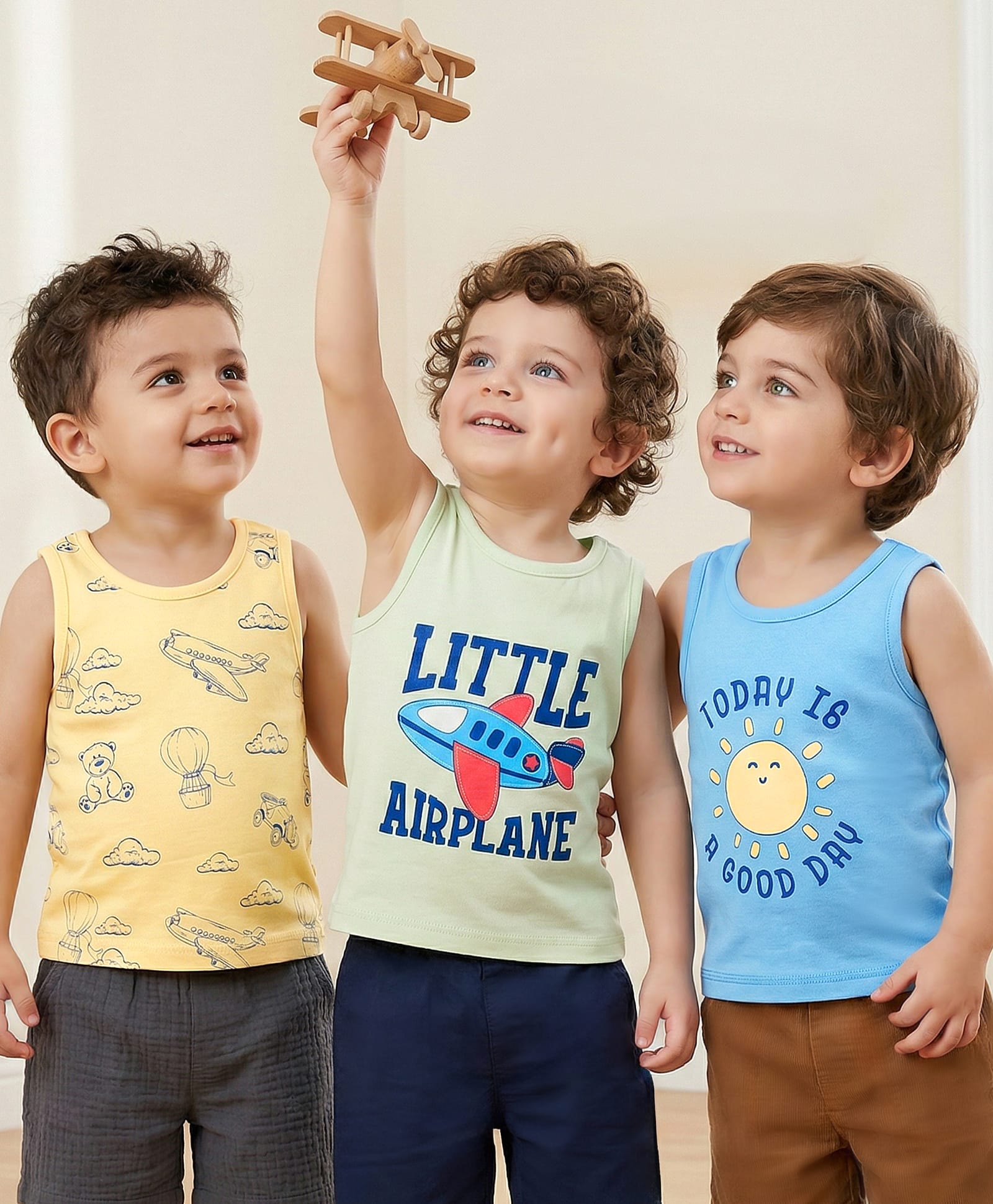 Babyoye Cotton Lycra Knit Sleeveless Vests with Airplane Print Pack of 3 - Multicolor-image-37