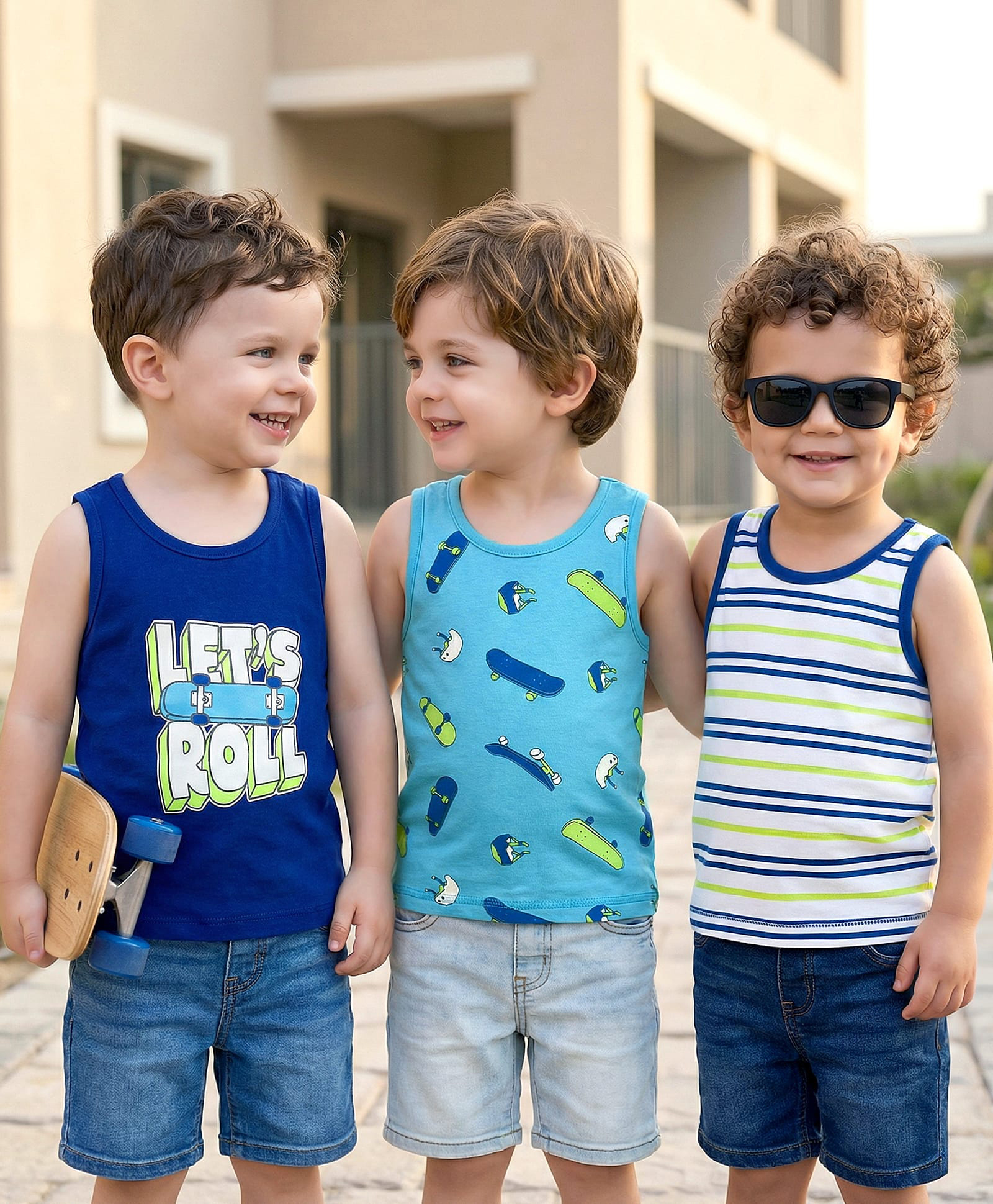 Babyoye Cotton Lycra Knit Sleeveless Striped Text & Skateboard Printed Vests Pack of 3 - Blue & White-image-45