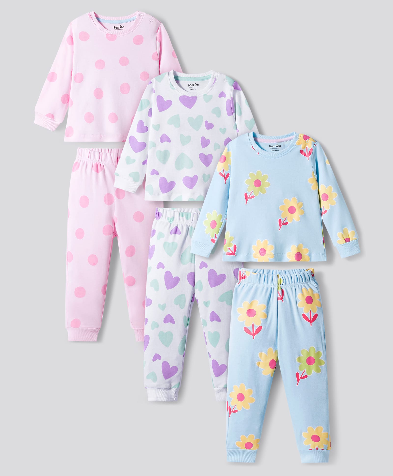 bonfino Bonifno 100% Cotton Knit Full Sleeves T-Shirt & Lounge Pant Co-ord Sets With Heart Polka Dot & Floral Print Pack of 3 - Multicolor-picture-7