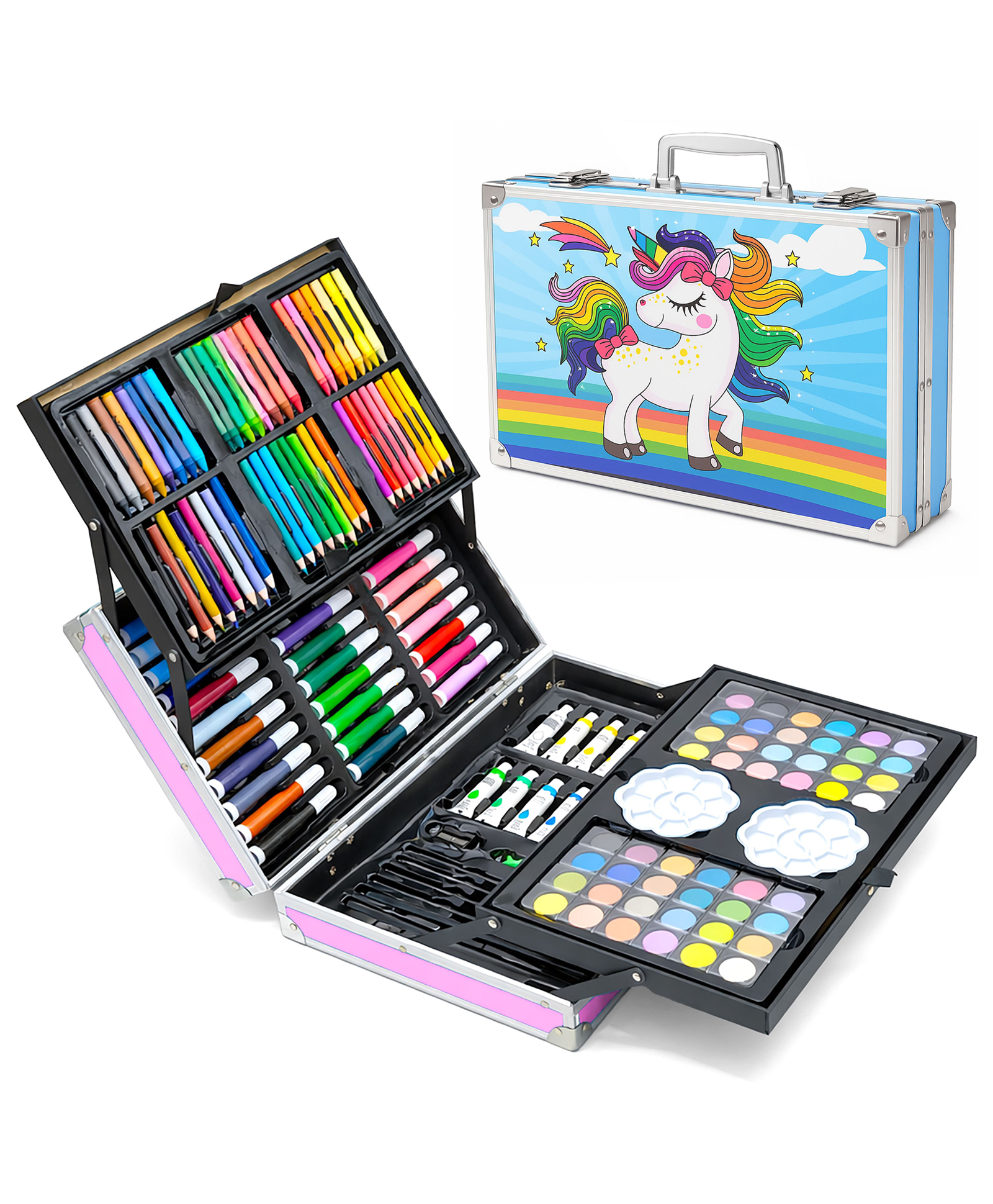 VGRASSP 145 Pcs Unicorn Theme Drawing & Coloring Art Kit For Kids School Stationery Portable Set With Watercolors Color Pencils Sketch Pens & Oil Pastels - Color May Vary-image-41